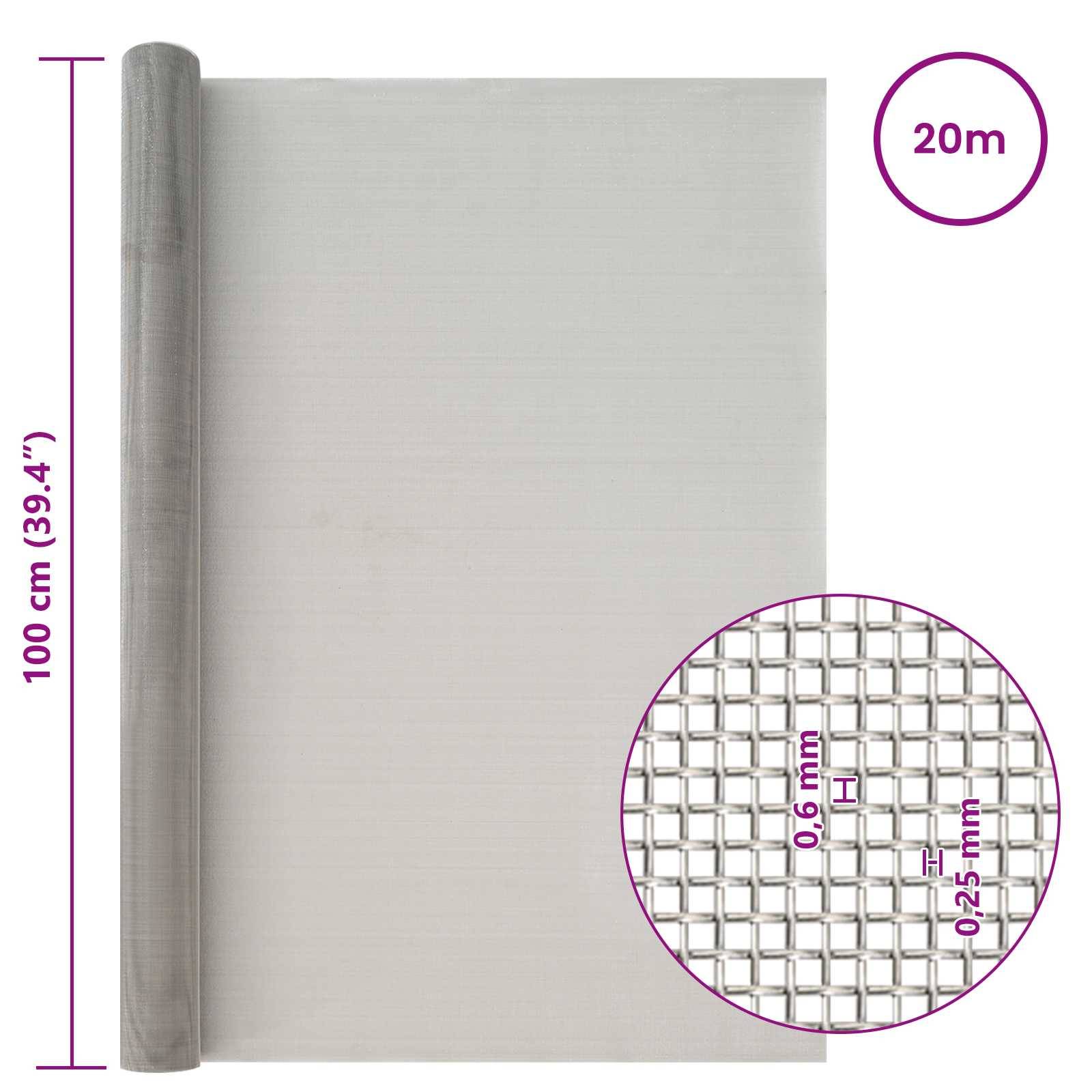 vidaXL Mesh Bildschirm 100 x 2000 cm 30 Mesh Edelstahl 201 Silber