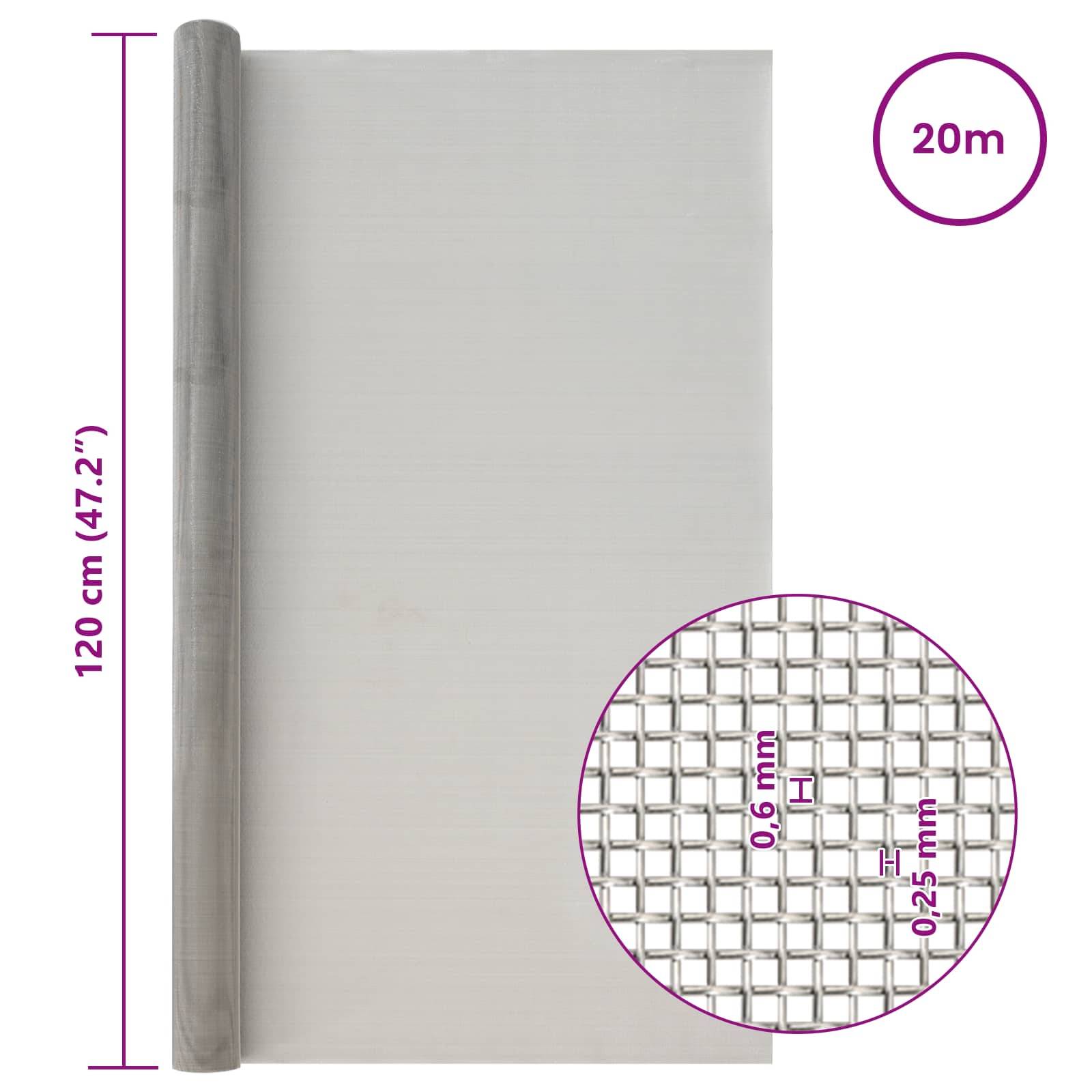 vidaXL Mesh Bildschirm 120 x 2000 cm 30 Mesh Edelstahl 201 Silber