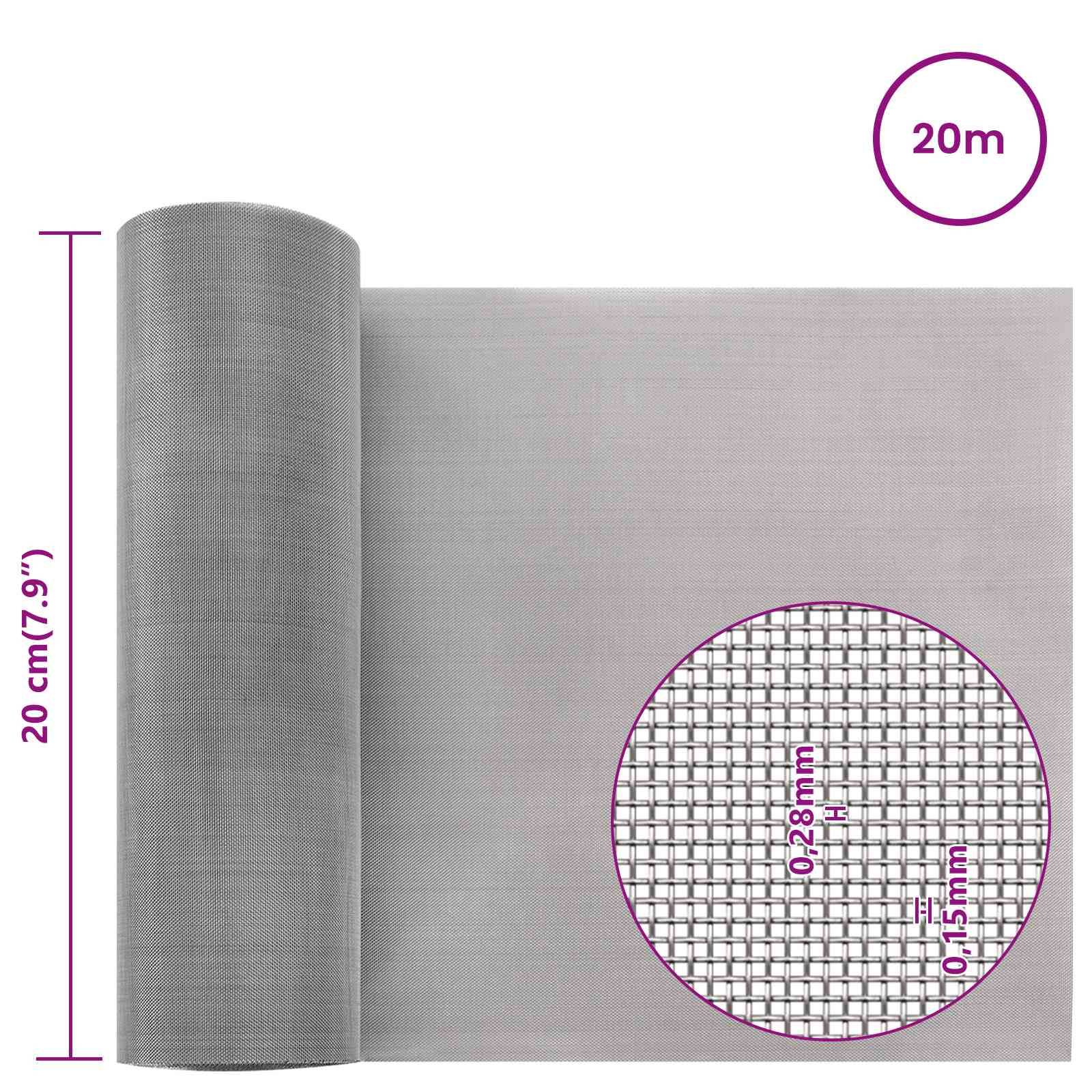 vidaXL Mesh Bildschirm 20 x 2000 cm 60 Mesh Edelstahl 201 Silber