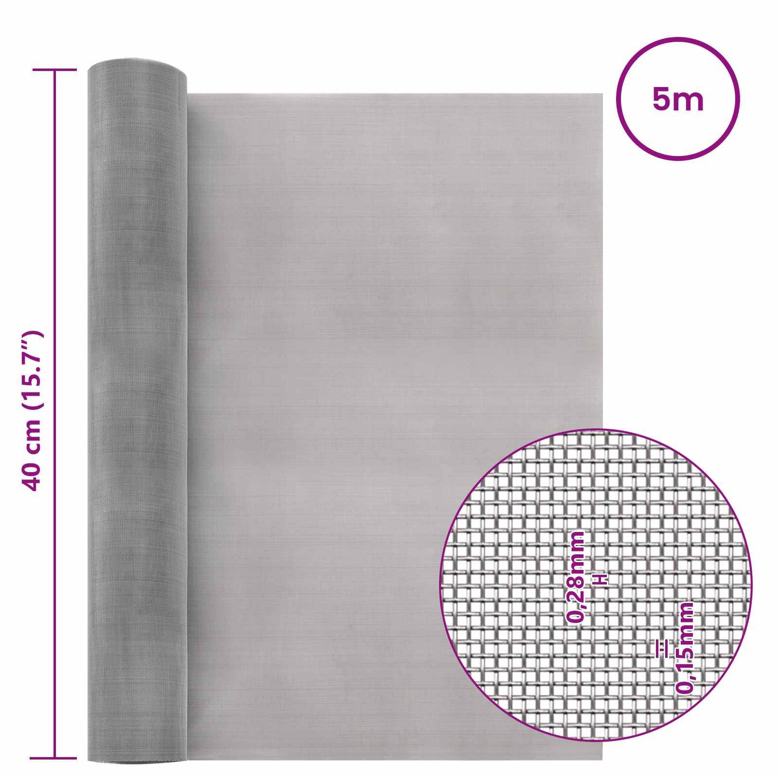 vidaXL Mesh Bildschirm 40 x 500 cm 60 Mesh Edelstahl 201 Silber