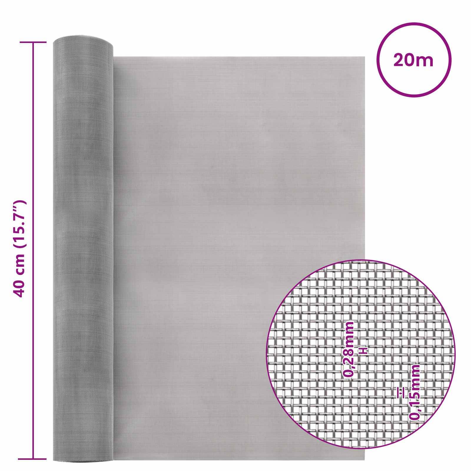 vidaXL Mesh Bildschirm 40 x 2000 cm 60 Mesh Edelstahl 201 Silber