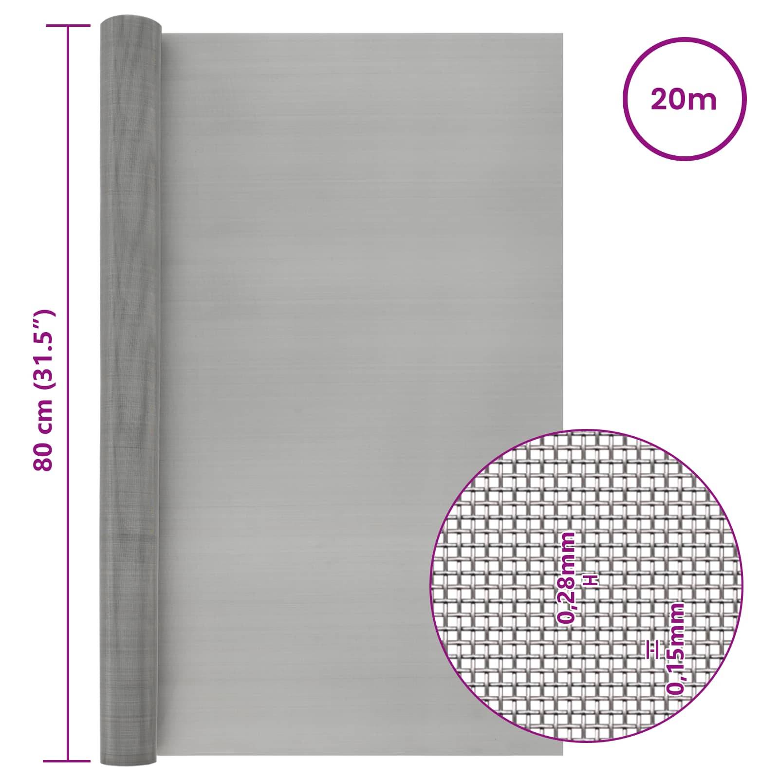 vidaXL Mesh Bildschirm 80 x 2000 cm 60 Mesh Edelstahl 201 Silber