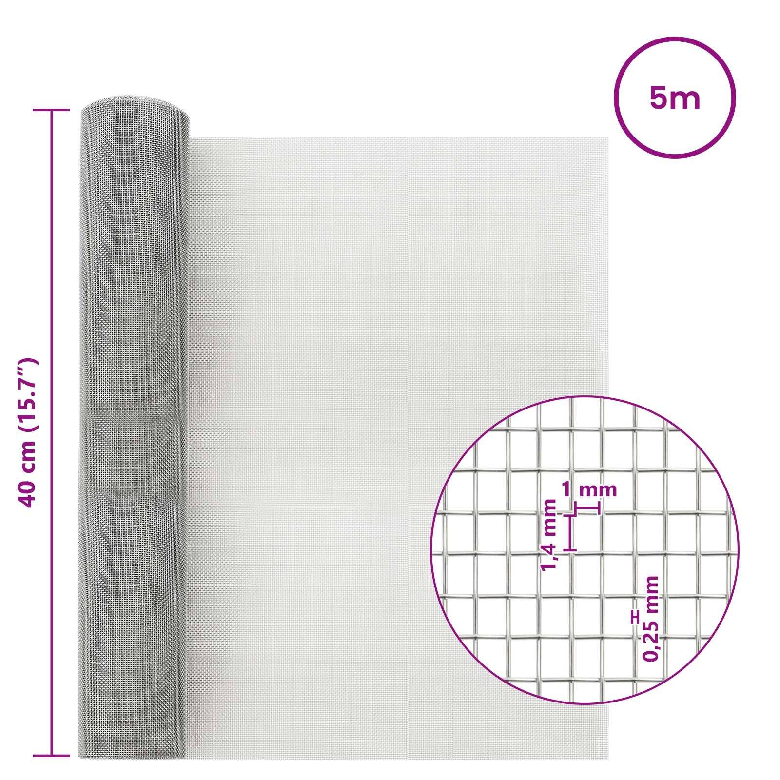 vidaXL Drahtgeflecht 40 x 500 cm 18 Mesh Edelstahl 201 Silber