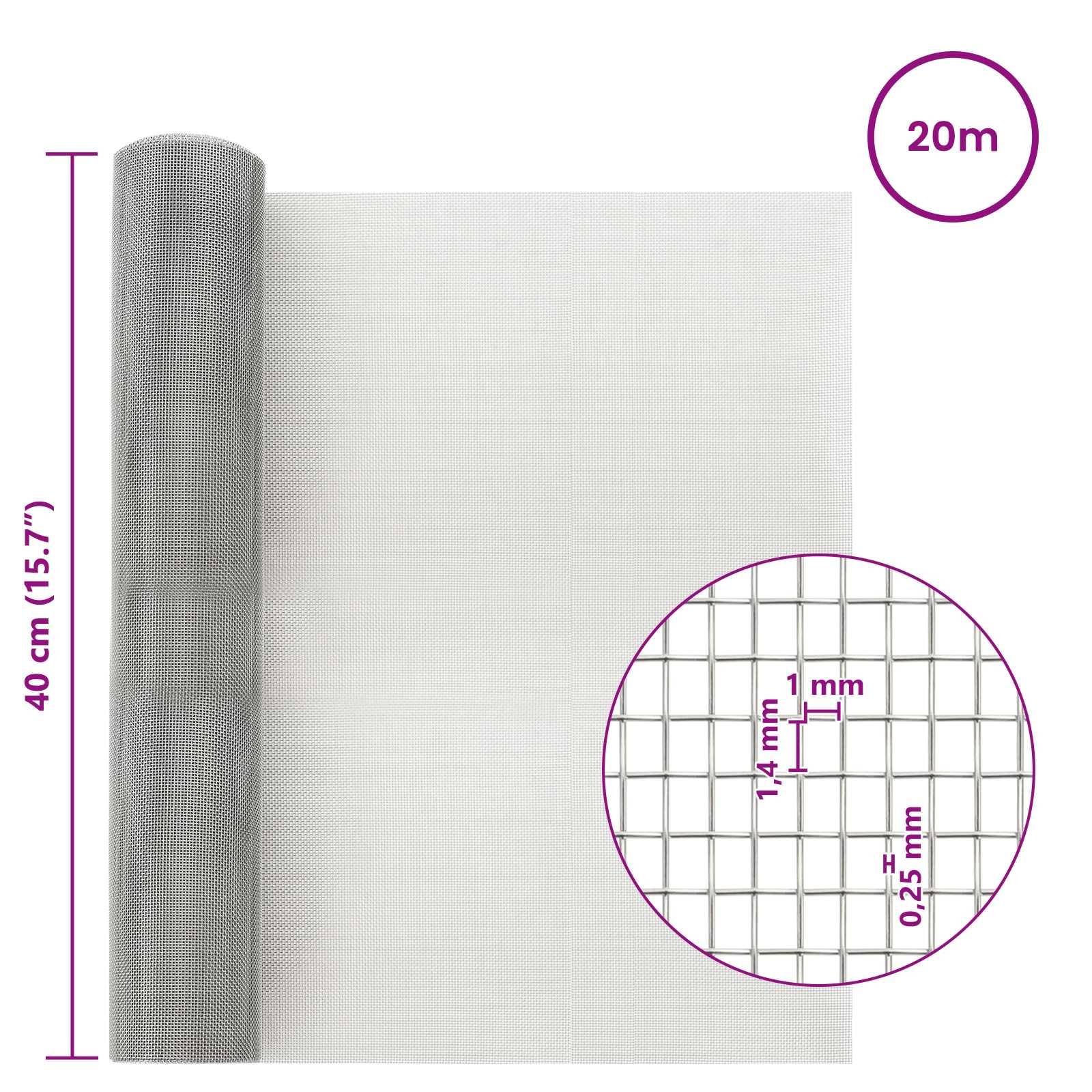 vidaXL Drahtgeflecht 40 x 2000 cm 18 Mesh Edelstahl 201 Silber