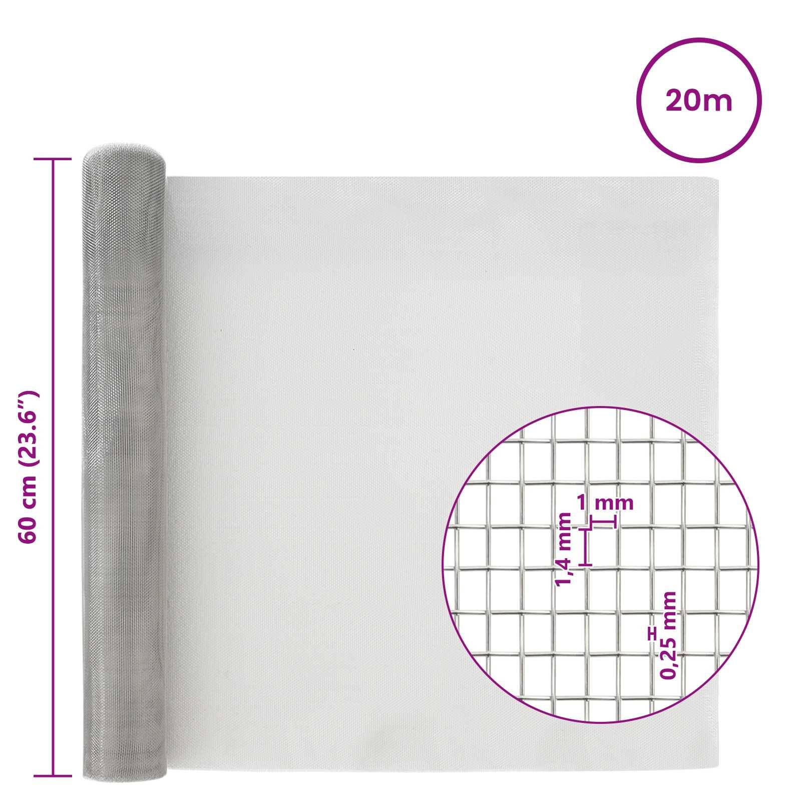 vidaXL Drahtgeflecht 60 x 2000 cm 18 Mesh Edelstahl 201 Silber