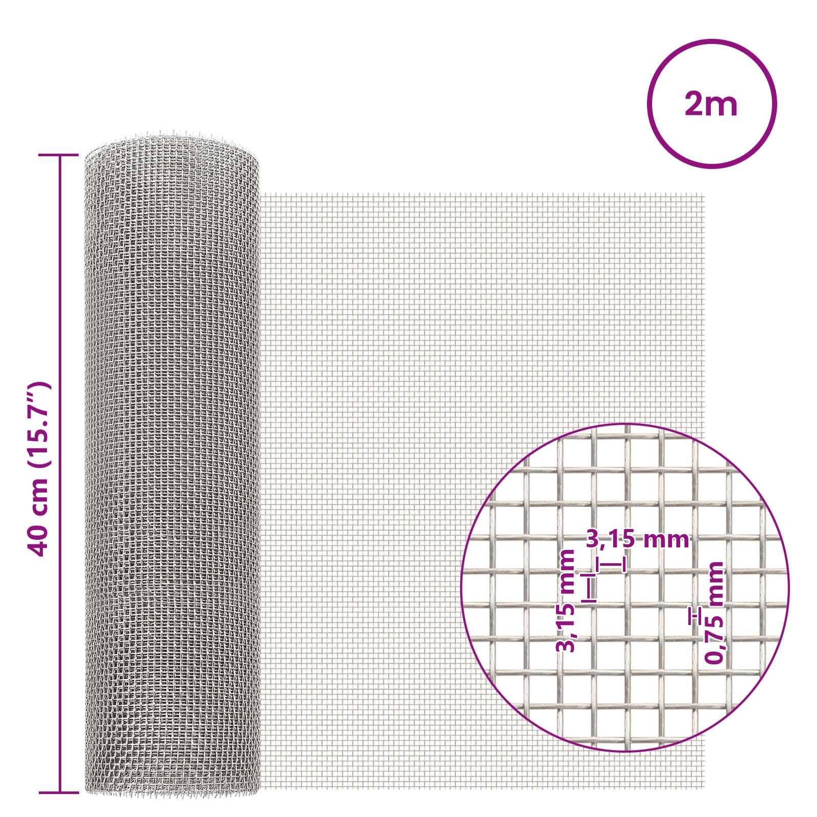 vidaXL Mesh Bildschirm 40 x 200 cm 6 Mesh Edelstahl 201 Silber
