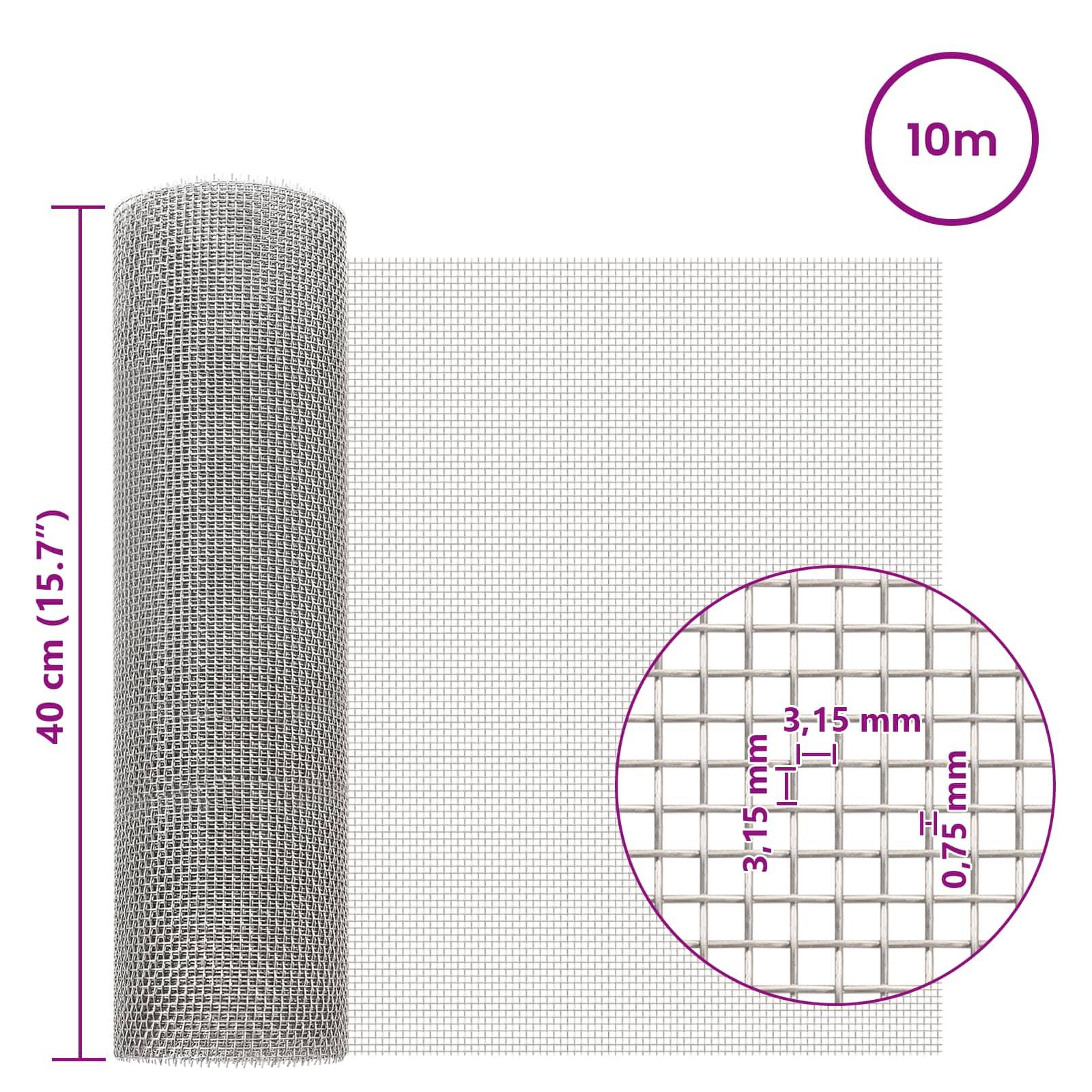 Rolle aus gewalztem Metallnetz, beschriftet mit 5m, 40 cm (15,7 Zoll) breit, mit Ausschnitt, der 2,5 mm Öffnungen und 0,7 mm Drahtstärke zeigt.