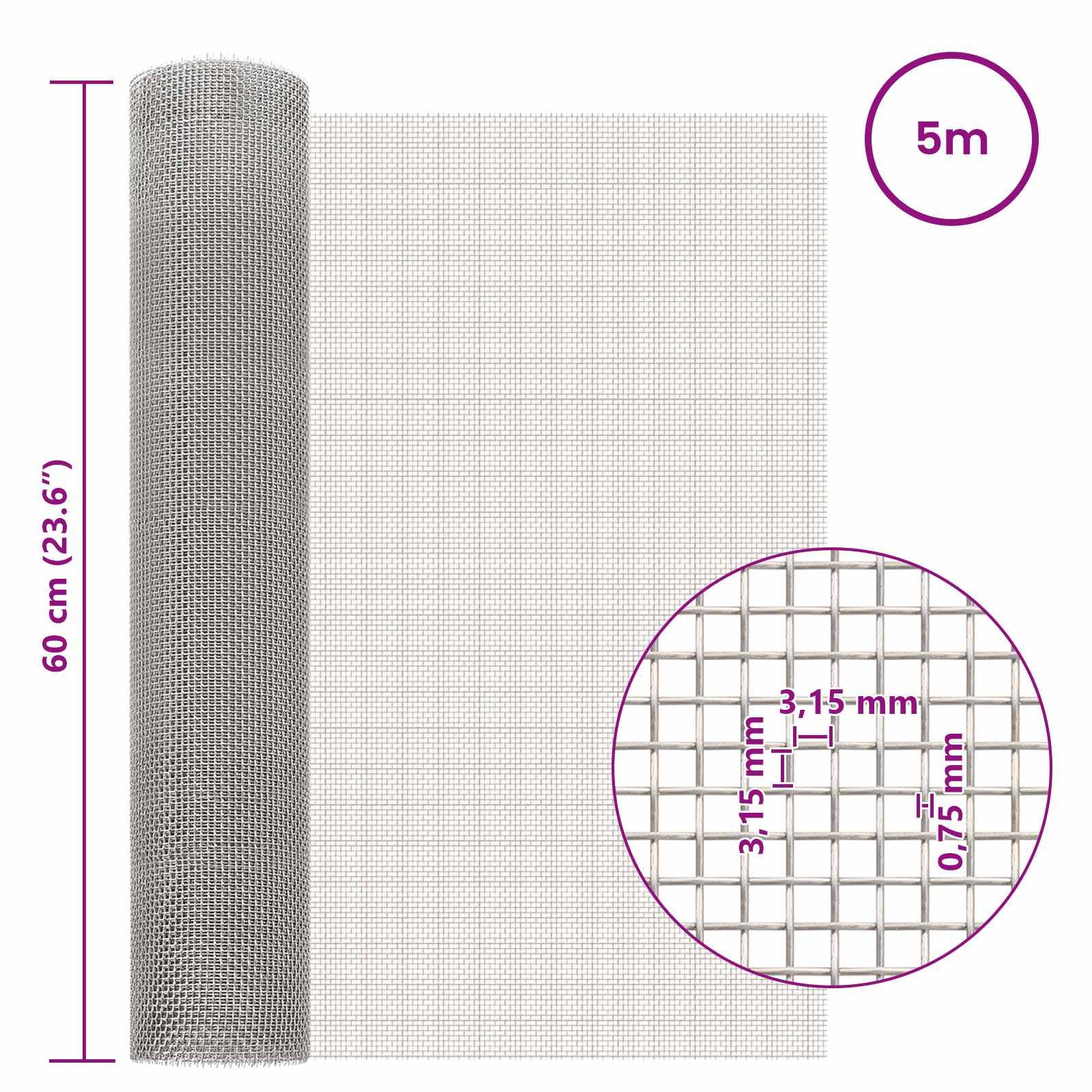 vidaXL Mesh Bildschirm 60 x 500 cm 6 Mesh Edelstahl 201 Silber