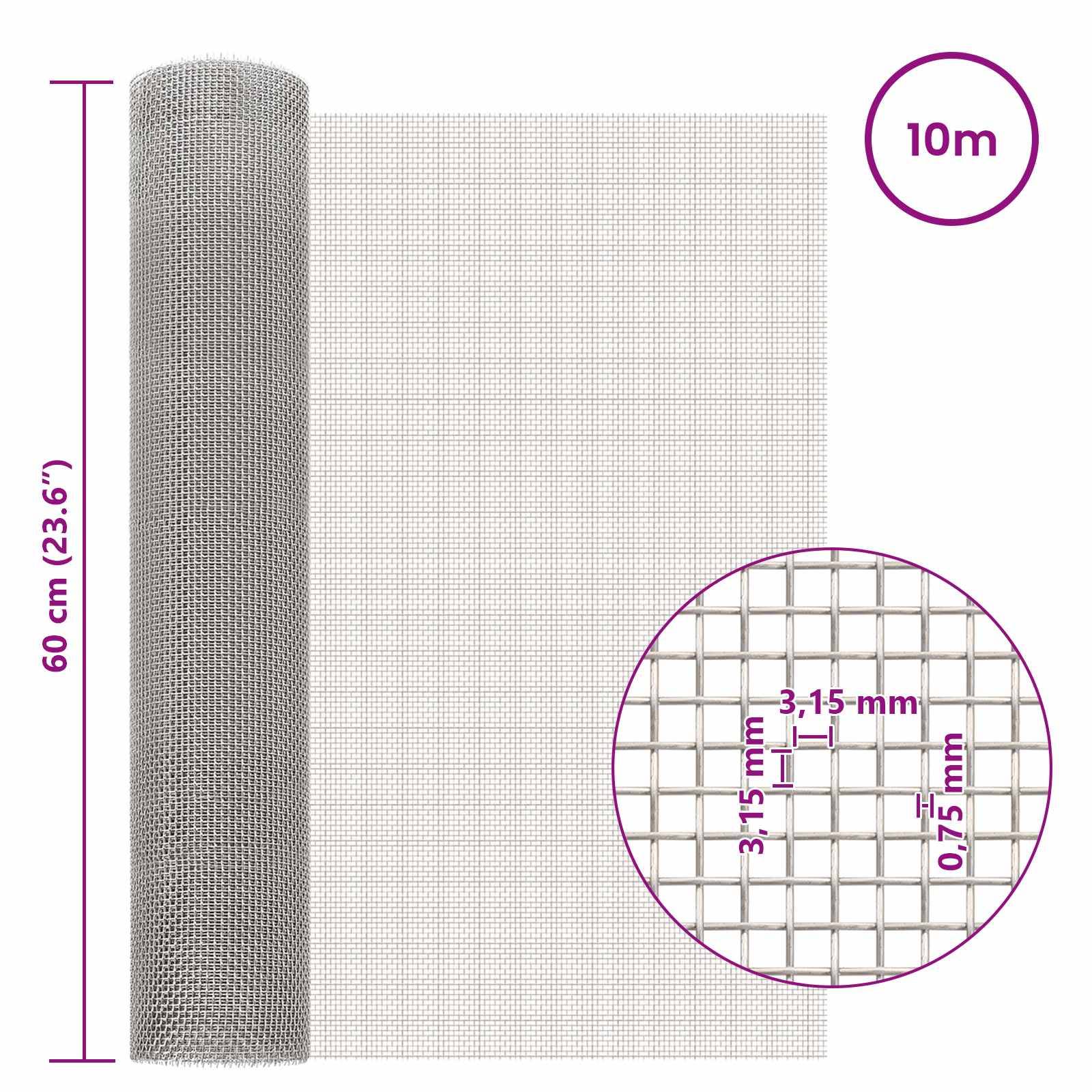 vidaXL Mesh Bildschirm 60 x 1000 cm 6 Mesh Edelstahl 201 Silber