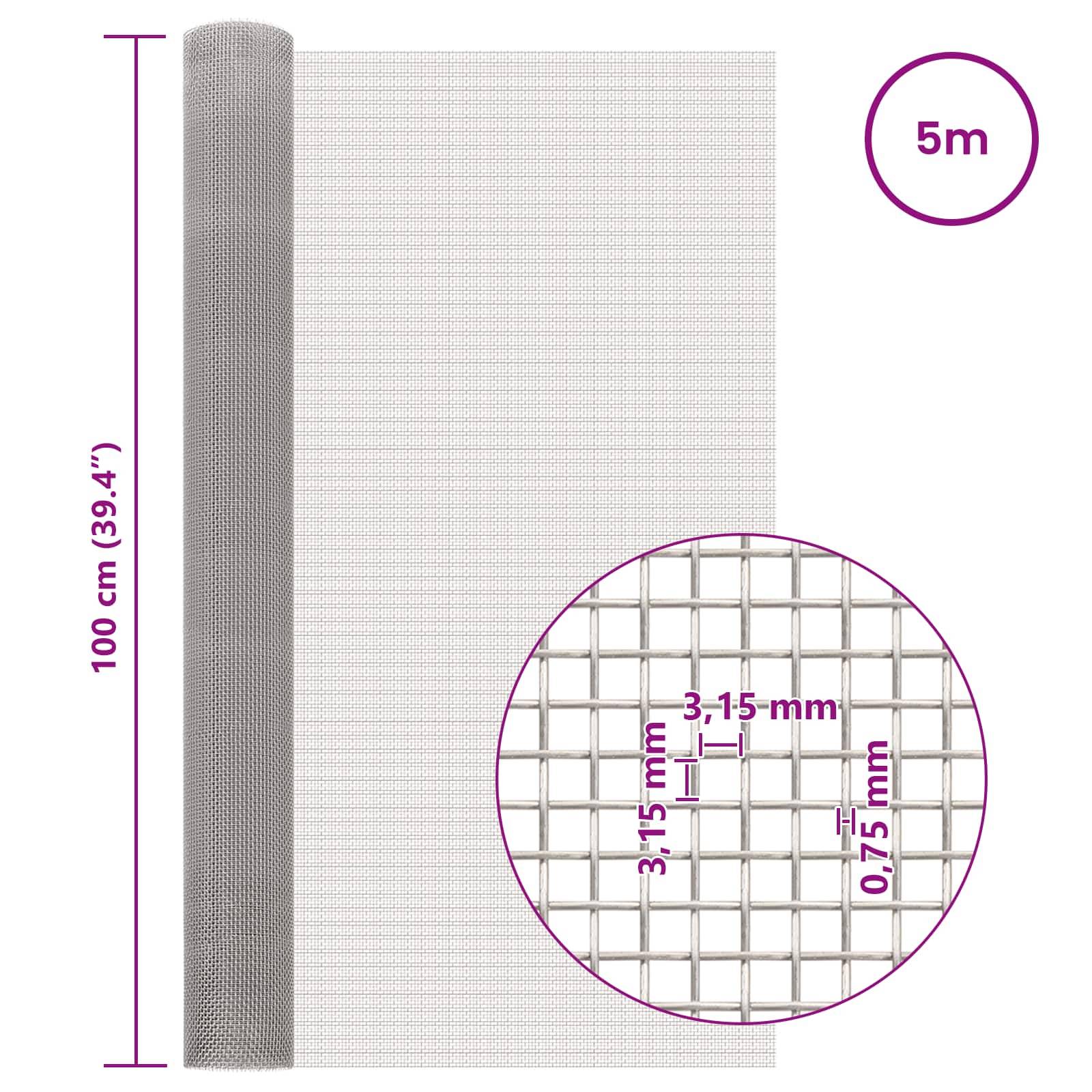 vidaXL Mesh Bildschirm 100 x 500 cm 6 Mesh Edelstahl 201 Silber
