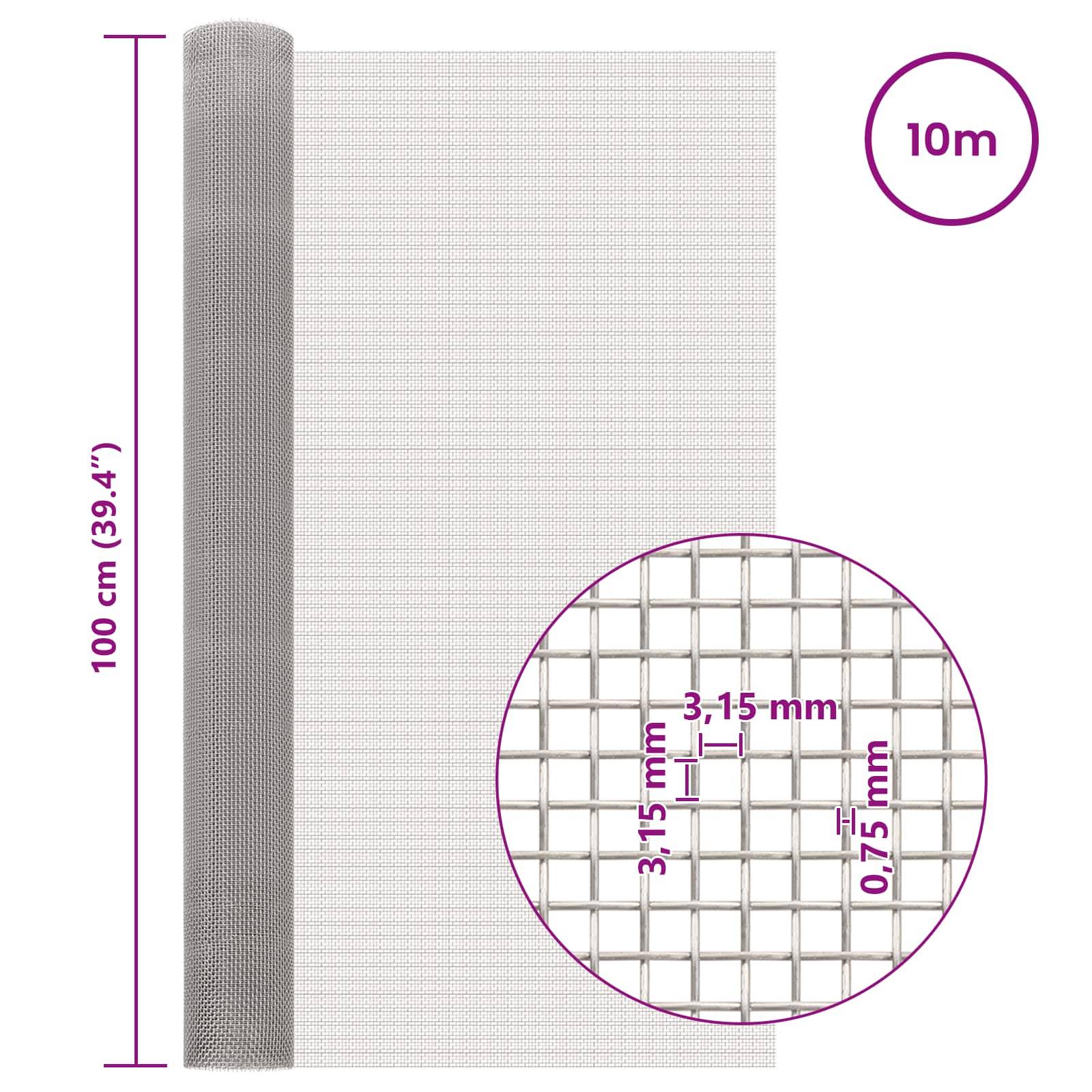 vidaXL Mesh Bildschirm 100 x 1000 cm 6 Mesh Edelstahl 201 Silber