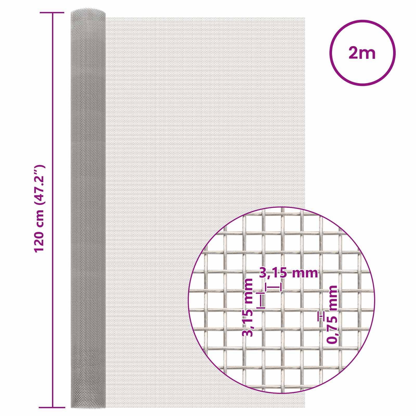 vidaXL Mesh Bildschirm 120 x 200 cm 6 Mesh Edelstahl 201 Silber