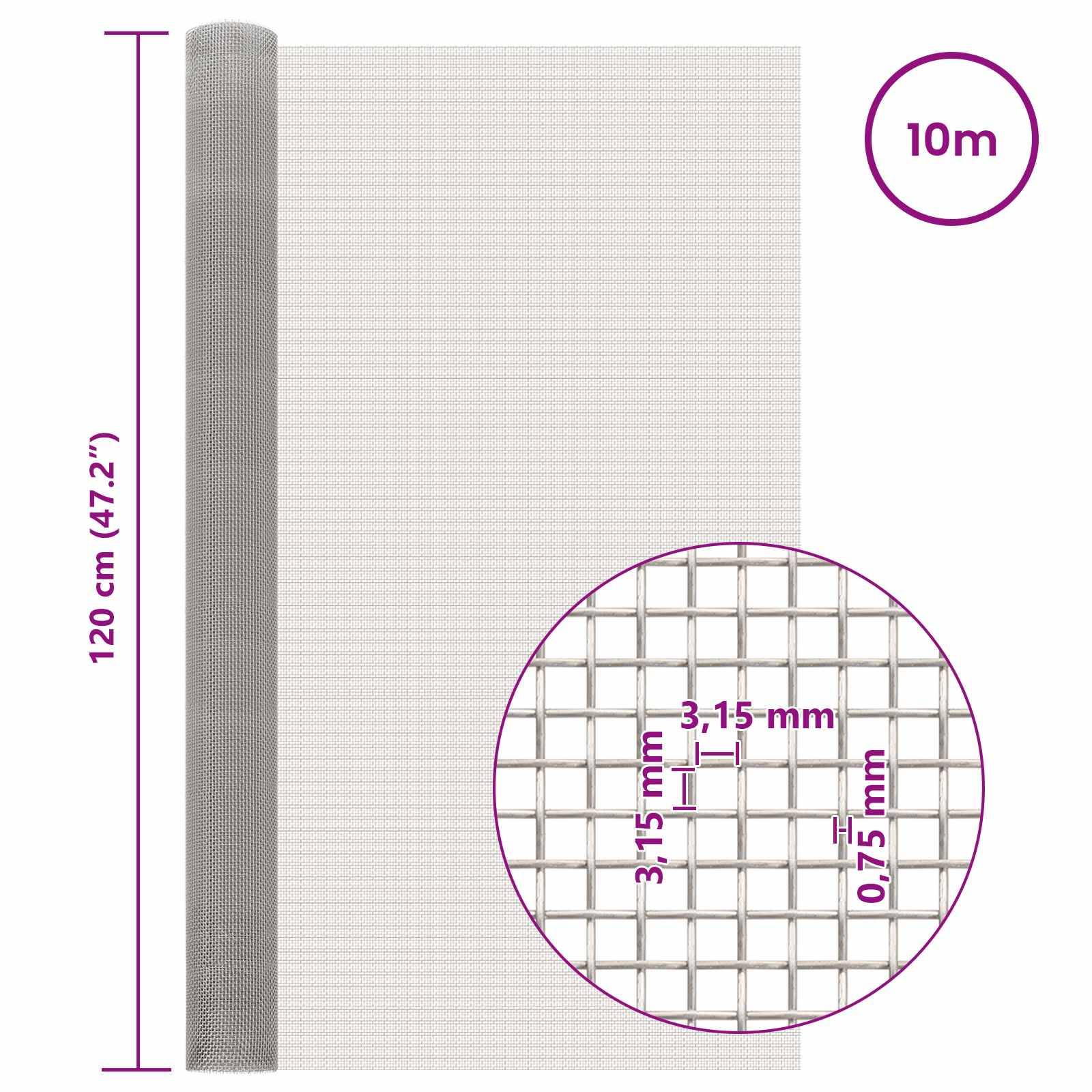 vidaXL Mesh Bildschirm 120 x 1000 cm 6 Mesh Edelstahl 201 Silber