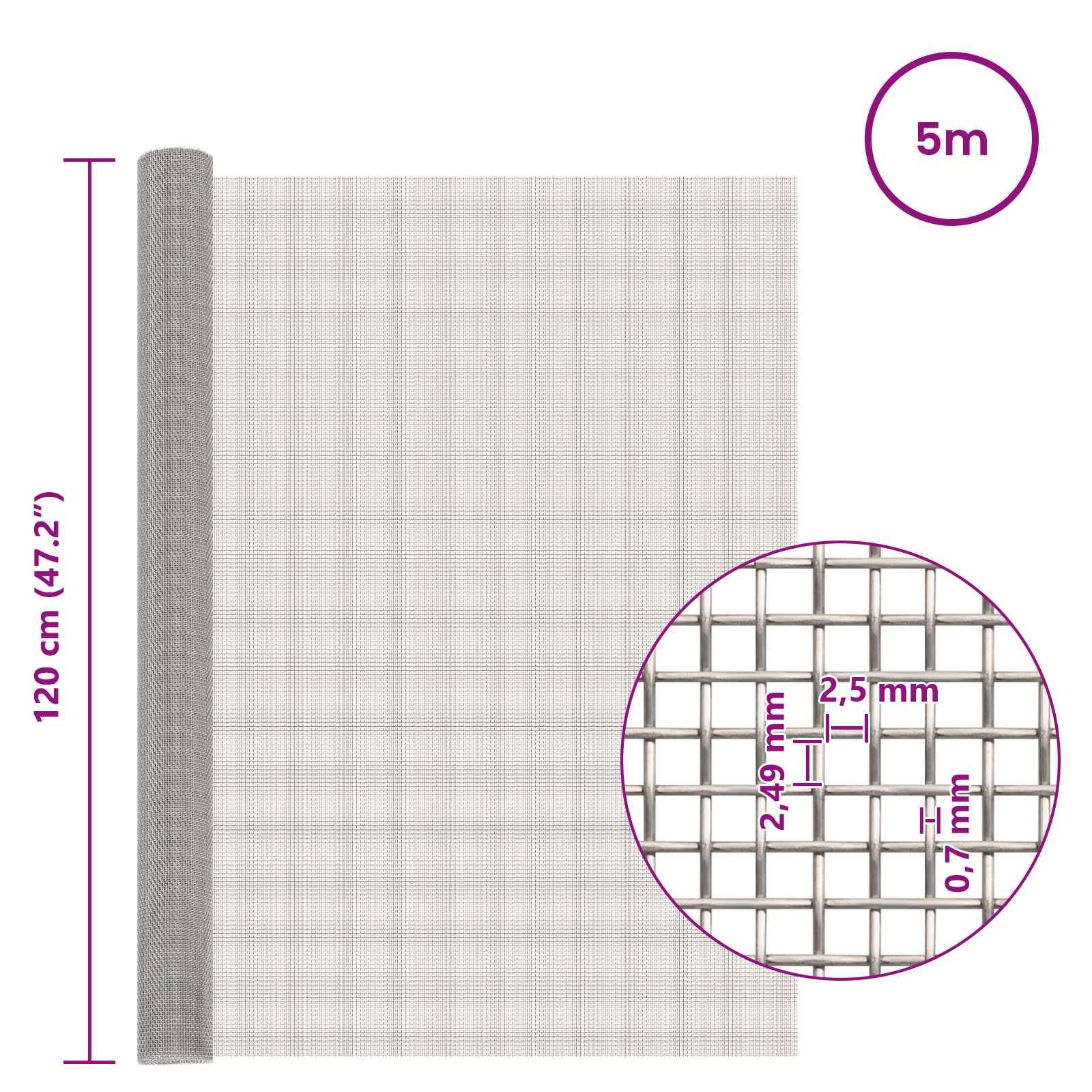 vidaXL Mesh Bildschirm 120 x 500 cm 8 Mesh Edelstahl 201 Silber