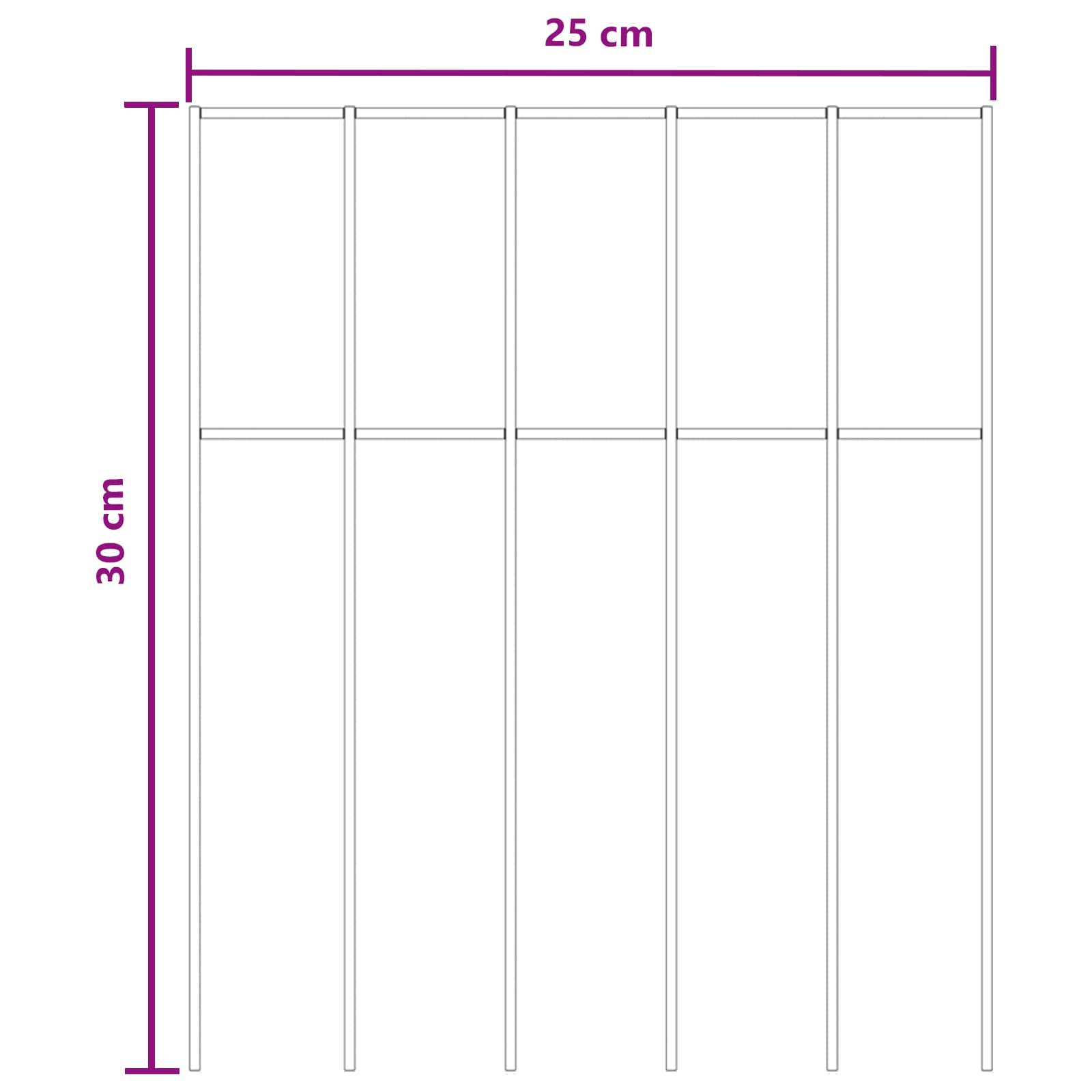 Diagramm eines Drahtgestells mit sechs vertikalen Schlitzen, beschriftet mit 25 cm Breite und 30 cm Höhe.