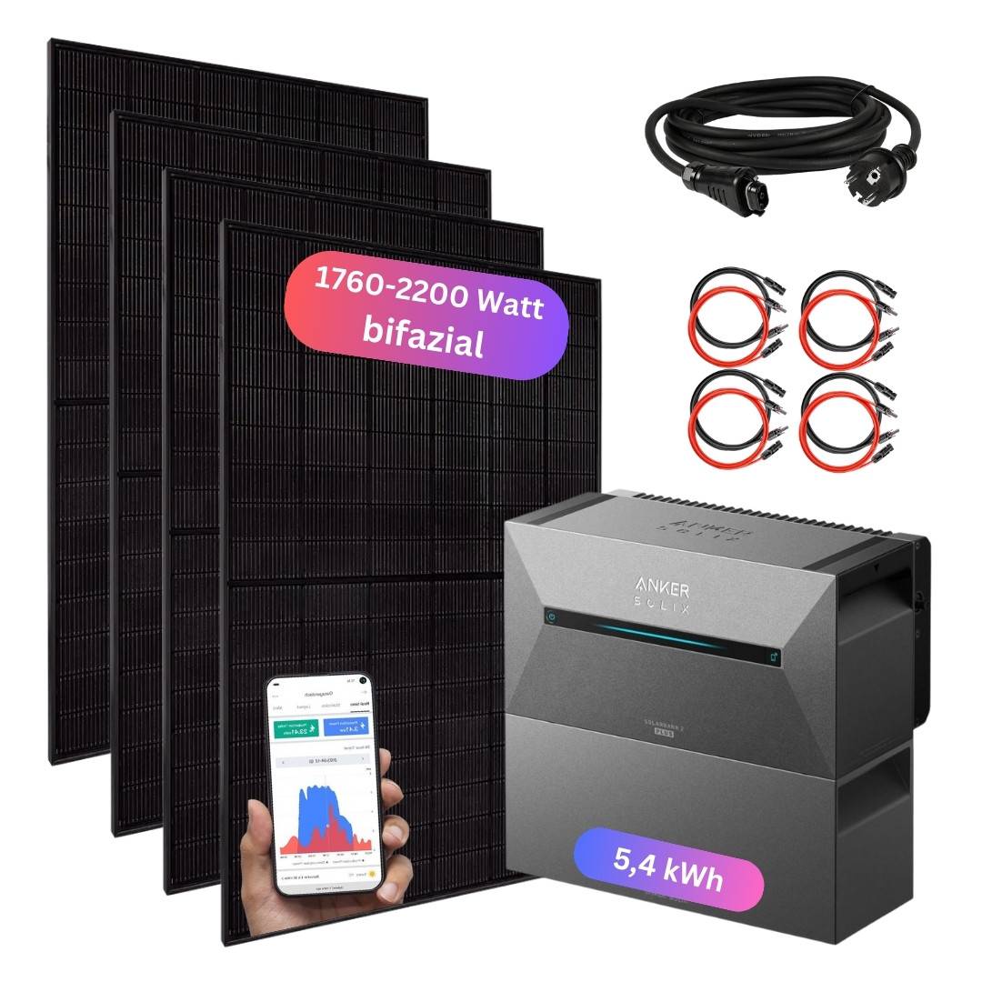 MyVoltaics® Balkonkraftwerk mit Anker Solarbank 3 Speicher & Zusatzakku 5,4 kWh, 1760 Watt bifazial, Aufständerung für Flachdach / Garten