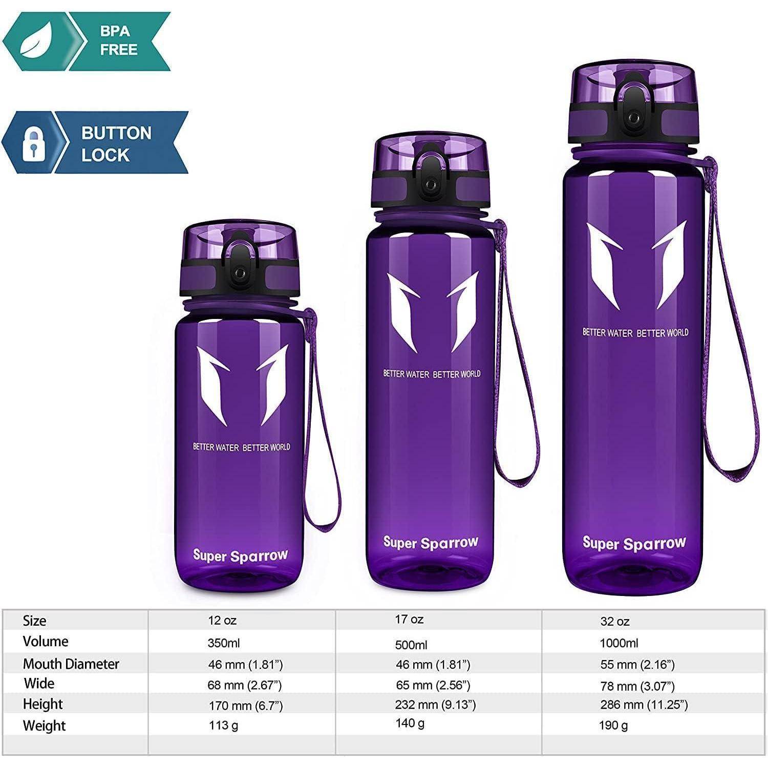 Produktvergleichsbild von drei violetten Super Sparrow Wasserflaschen in den Größen 12 oz, 17 oz und 32 oz, gekennzeichnet als BPA-frei und mit Knopfverriegelung, mit einer Dimensionstabelle darunter.