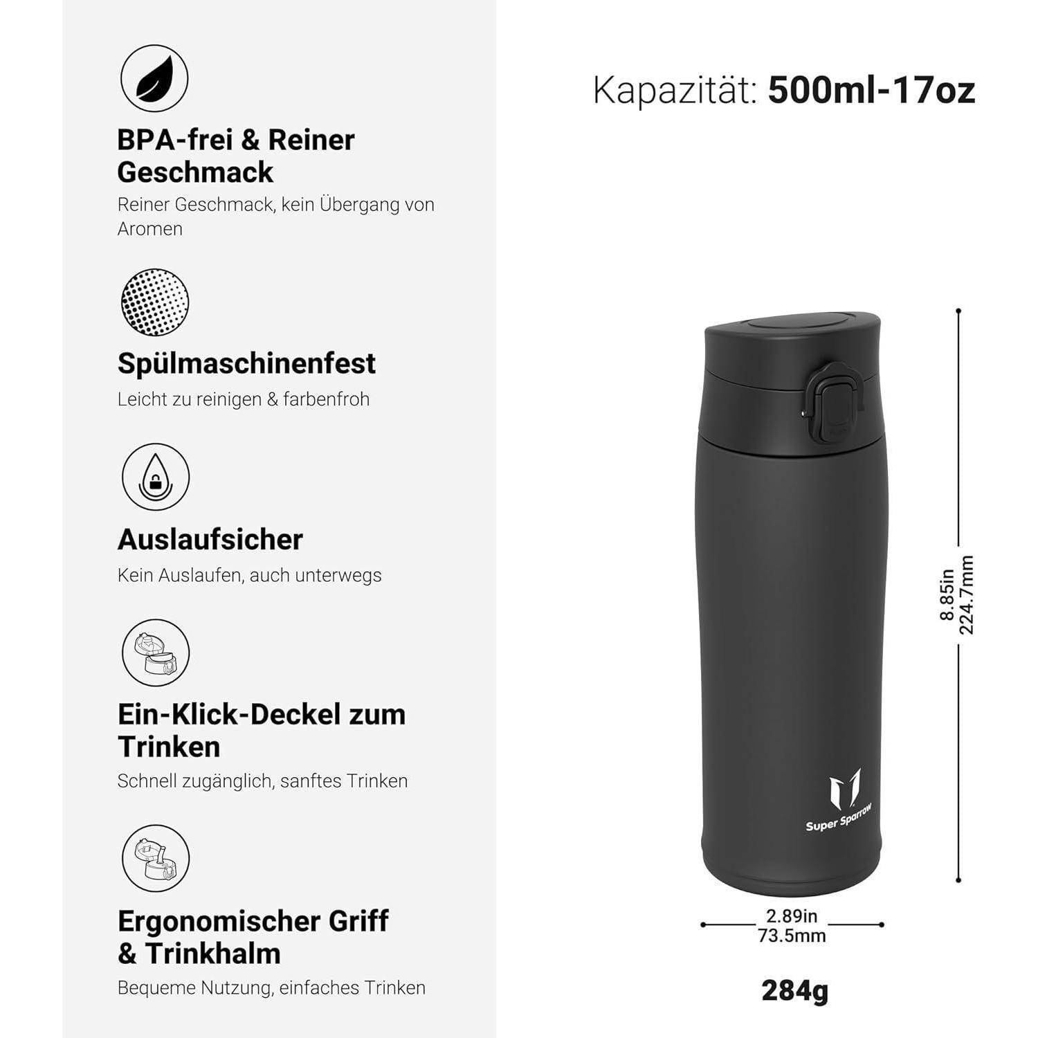 Infografik eines schwarzen Reisebechers mit Funktionen auf Deutsch: BPA-frei, spülmaschinenfest, auslaufsicher, Trinkverschluss mit Ein-Klick-Bedienung, ergonomischer Griff; Fassungsvermögen 500 ml/17 oz, Höhe 8,85 Zoll, Gewicht 284 g.
