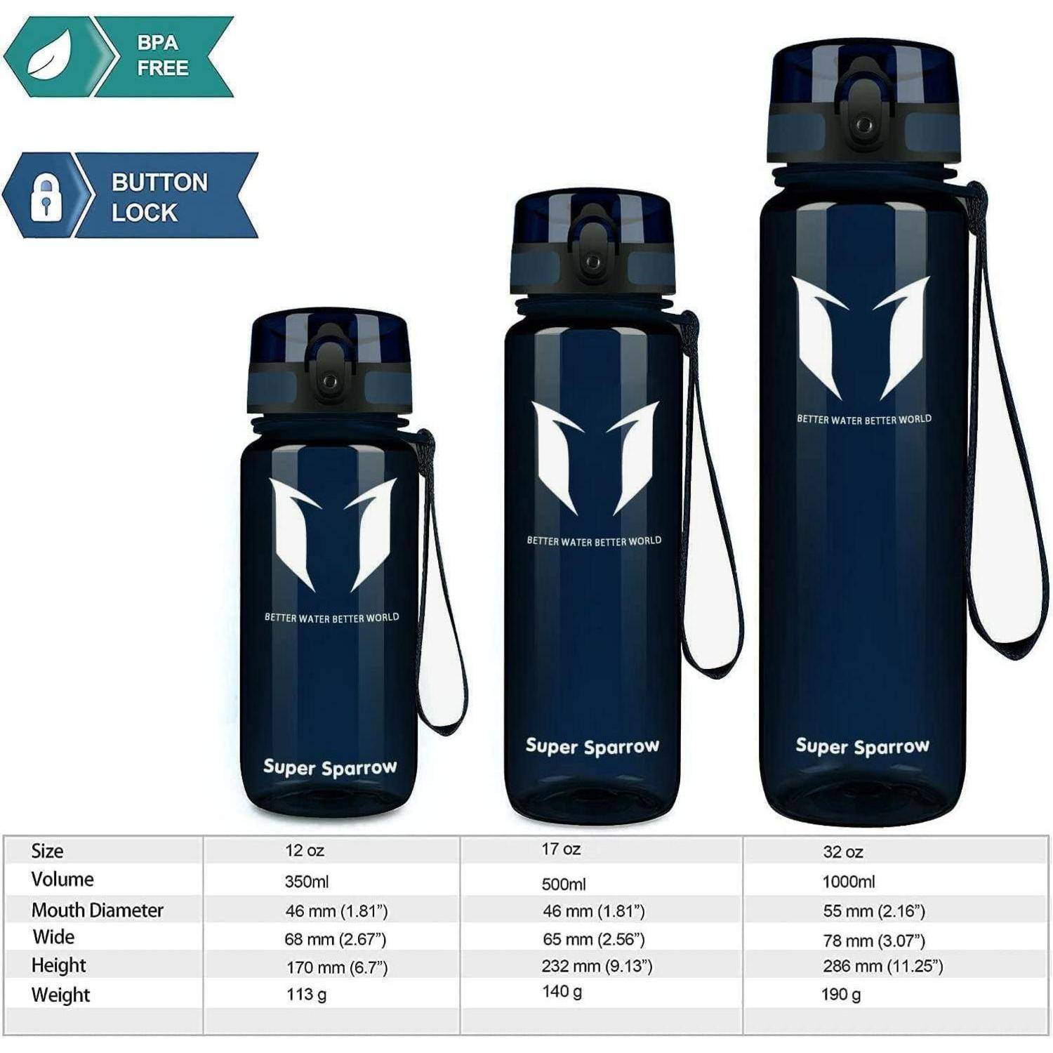 Produktvergleichsbild von Super Sparrow Wasserflaschen in 12 oz, 17 oz und 32 oz Größen, das BPA-frei und Knopfverriegelung zeigt, mit Größenspezifikationen darunter.