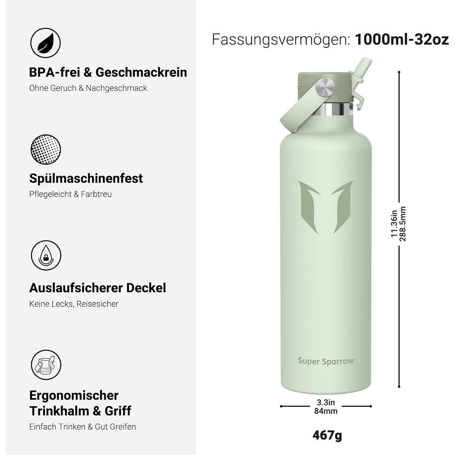 Produktbild einer hellgrünen 1000 ml Wasserflasche mit Tragegriff und Strohhalmdeckel; zeigt BPA-frei, spülmaschinenfest, auslaufsicher, ergonomische Eigenschaften und Abmessungen 11,3 Zoll Höhe, 3,3 Zoll Breite, 467 g.