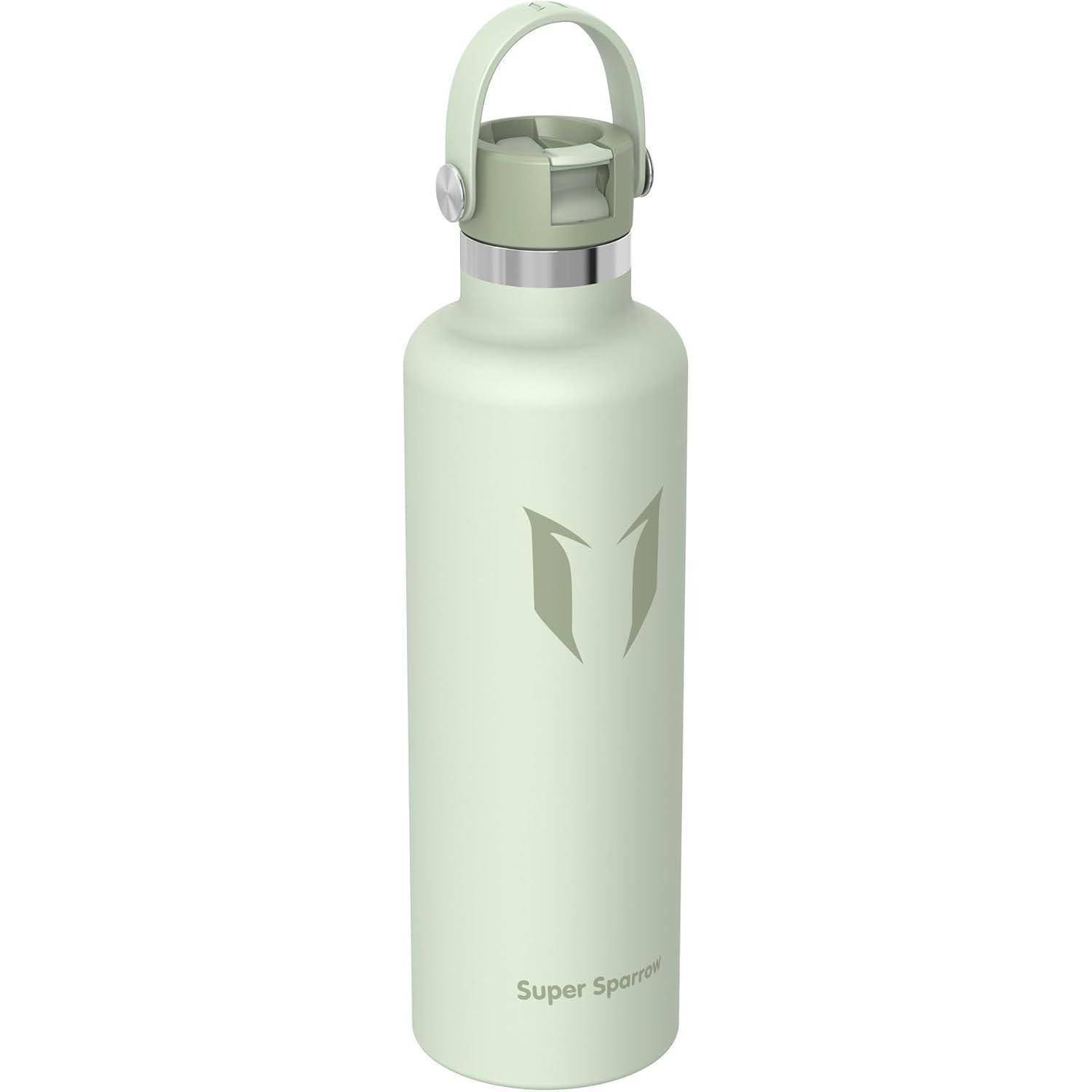 Hellgrüne isolierte Wasserflasche mit Schlaufengriff und silbernem Verschluss, gezeigt auf weißem Hintergrund mit "Super Sparrow""-Branding.