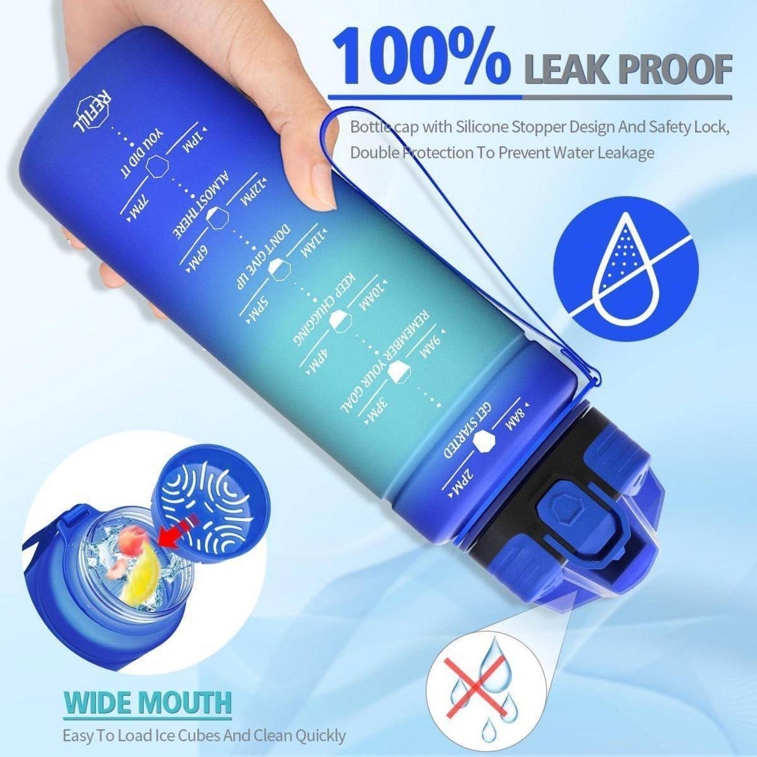 Blauflaschefiir Wasser mit Isolierung, Griff und auslaufsicherer Kappe, beschriftet mit „100% AUSLAUFSICHER" und „BREITE ÖFFNUNG""; zeigt Silikon-Stopfen und Auslaufschutzdesign.
