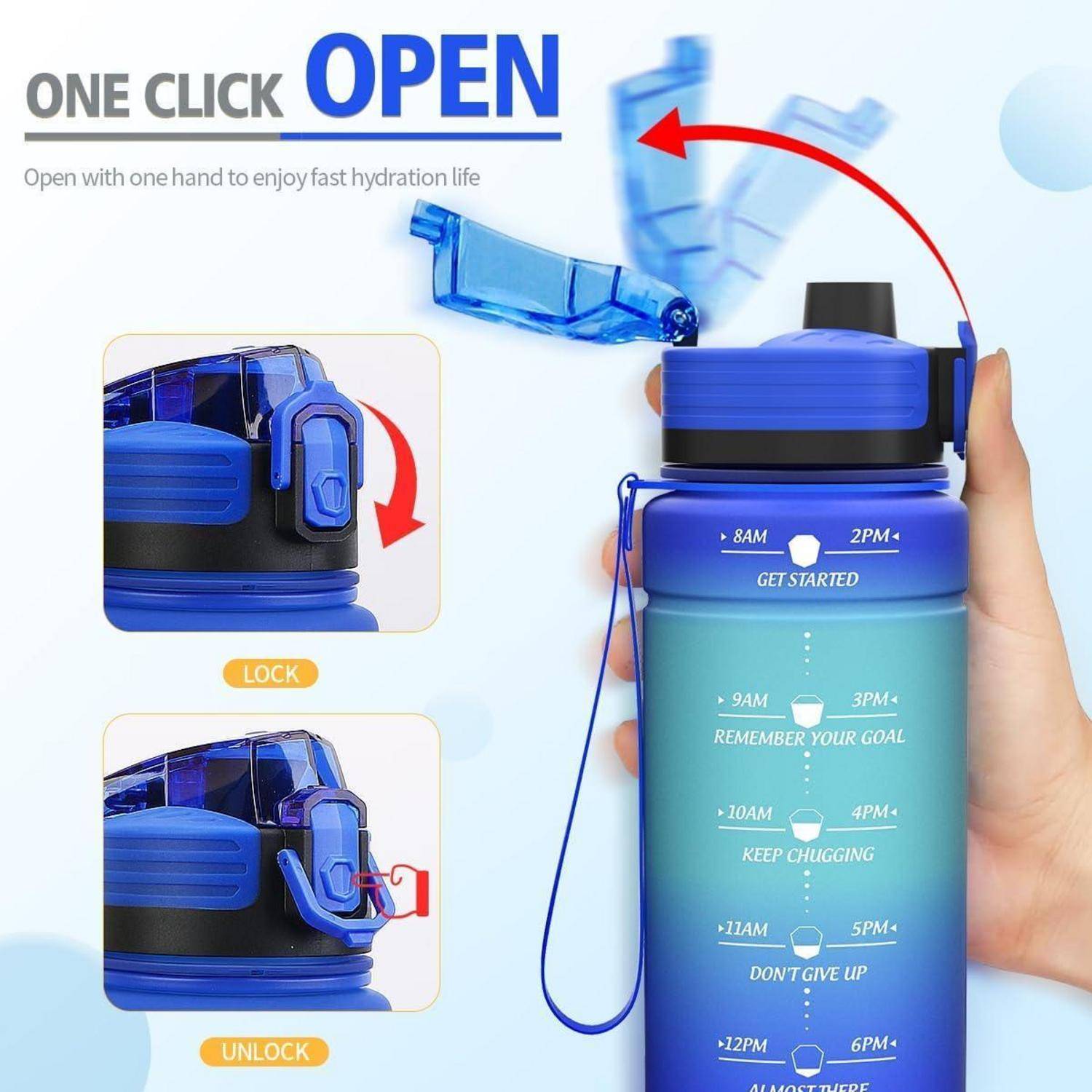 Werbegrafik einer blauen Wasserflasche mit Einclick-Deckel zum Öffnen, Sperr-/Entsperrillustrationen und zeitgesteuerten Flüssigkeitszielmarkierungen an der Seite.