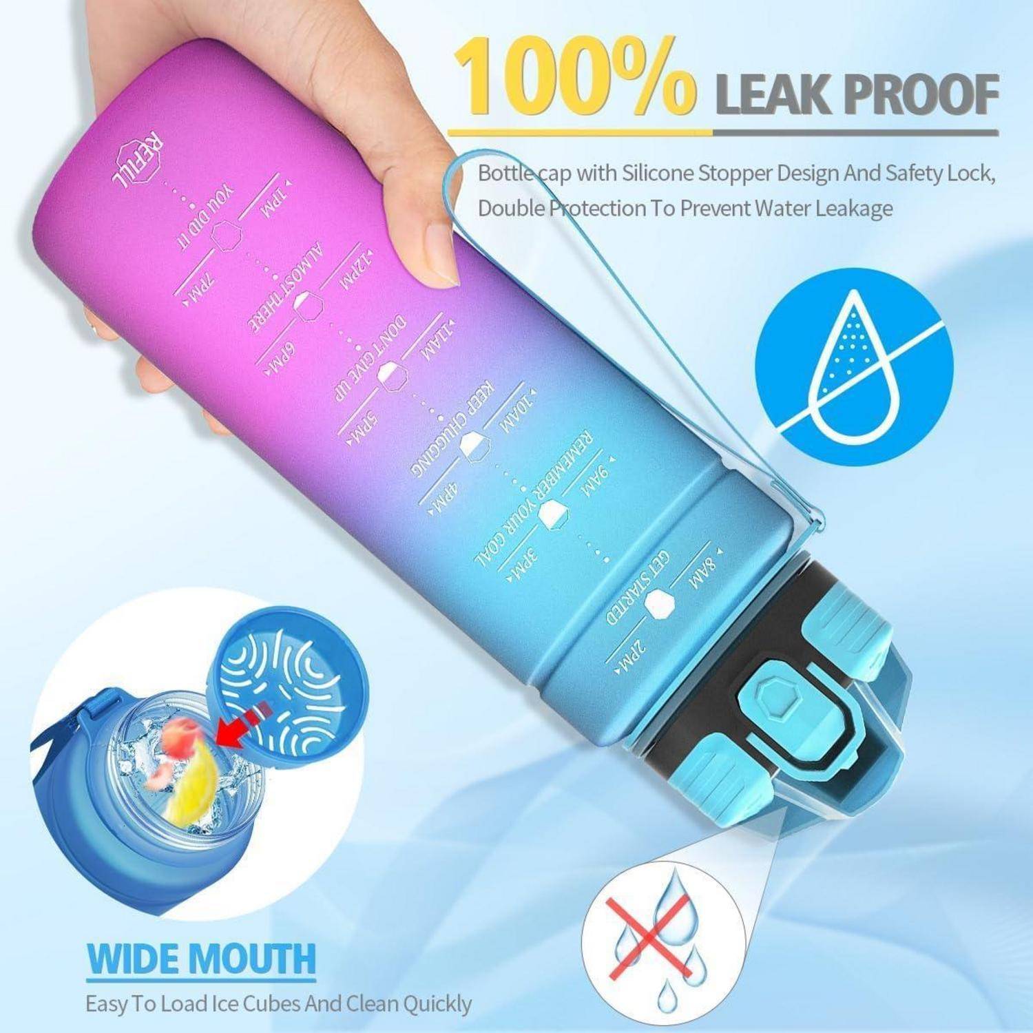 Isolierte Gradient-Wasserflasche in einer Hand gehalten, mit Beschriftungen für „100% AUSLAUFSICHER", breite Öffnung und Silikondeckel-Sicherheitsverriegelung zur Verhinderung von Lecks.