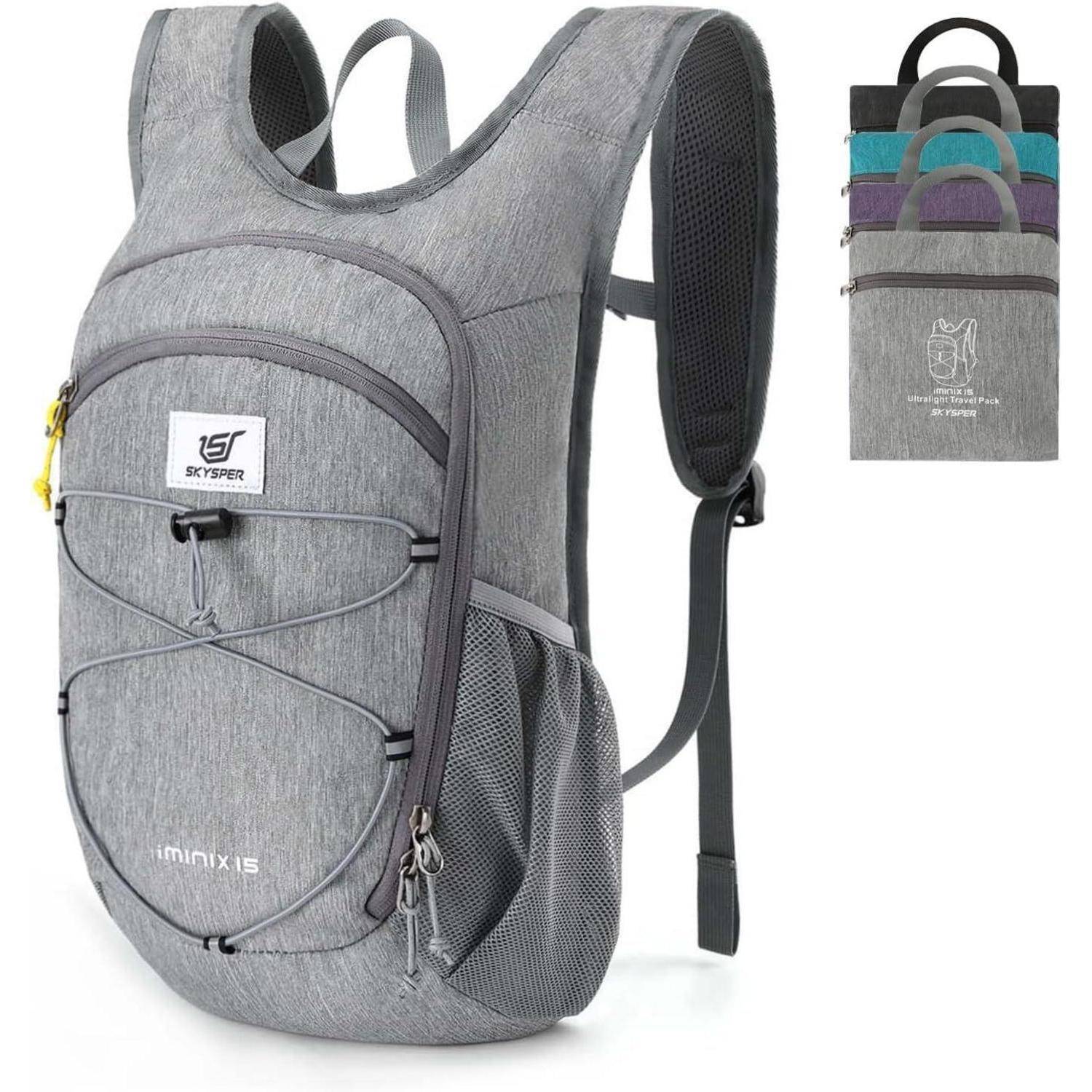 Grauer Skyspen-Rucksack mit vorderen Bungee-Schnüren, seitlicher Netztasche und gepolsterten Trägern; Einsatz zeigt verfügbare Farben und zusammengefaltete Form.