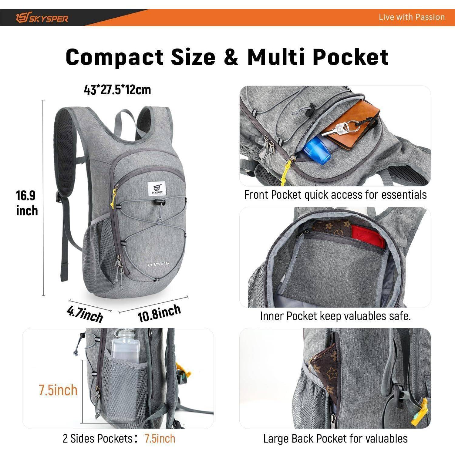 Produkt-Infografik eines grauen Rucksacks mit kompakter Größe und mehreren Taschen, mit Abmessungen von 16,9 x 10,8 x 4,7 Zoll und Seitentaschen von 7,5 Zoll, sowie Nahaufnahmen der vorderen, inneren und hinteren Aufbewahrung.