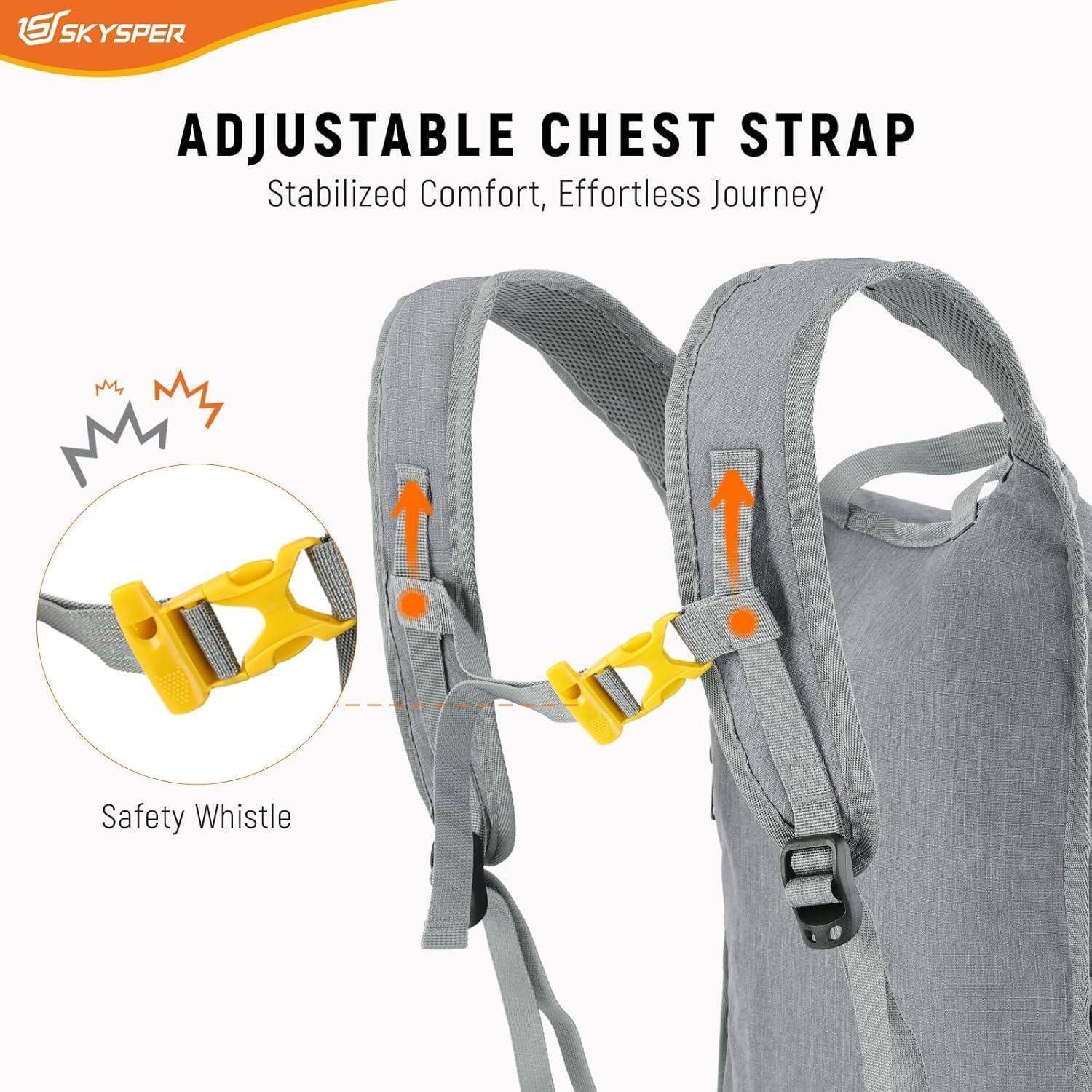 Grauer Rucksack mit verstellbarem gelbem Brustgurt und Sicherheitspfeife, hervorgehoben als Komfort- und Stabilitätsmerkmal.
