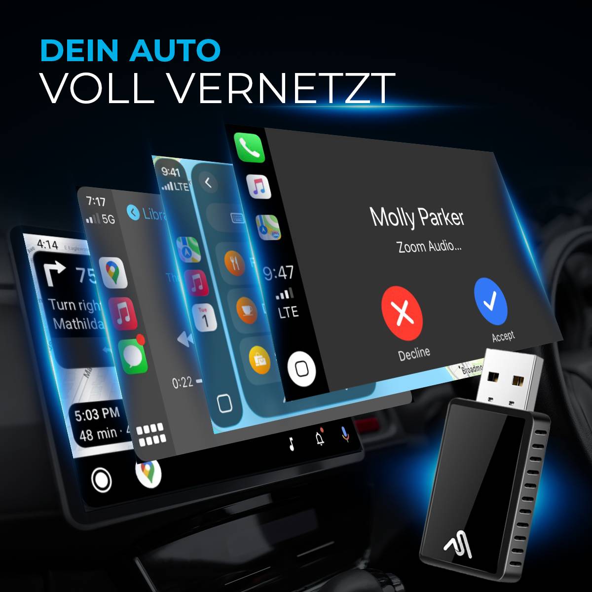 AutoSky Wireless CarPlay & Android Auto Adapter Plug & Play