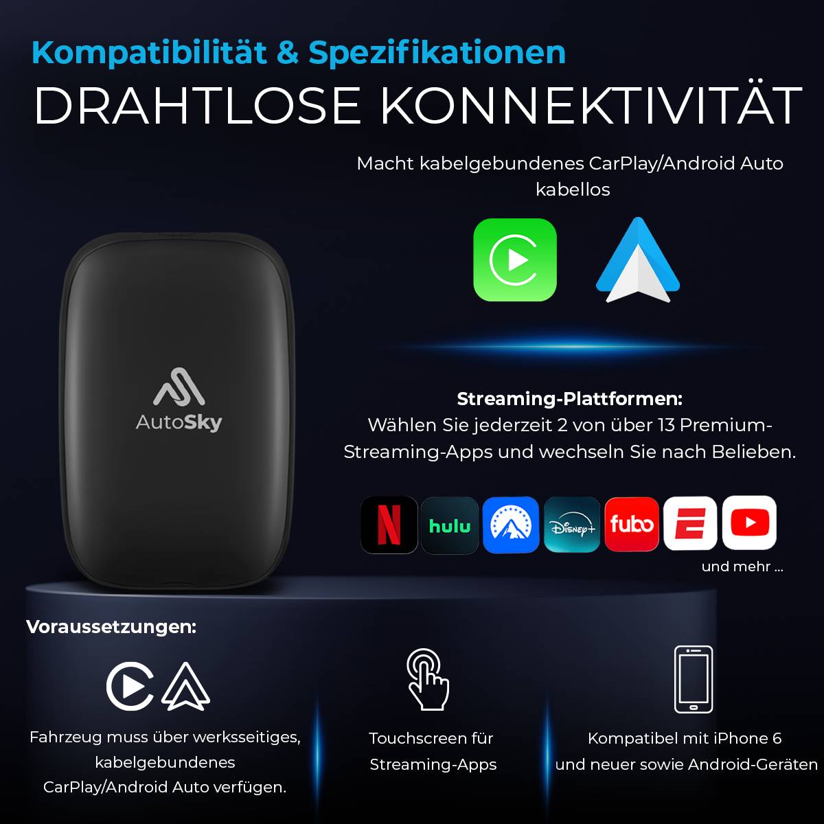 AutoSky AI Box Flex – Kabelloses CarPlay & Android Auto, Disney+, Prime Video