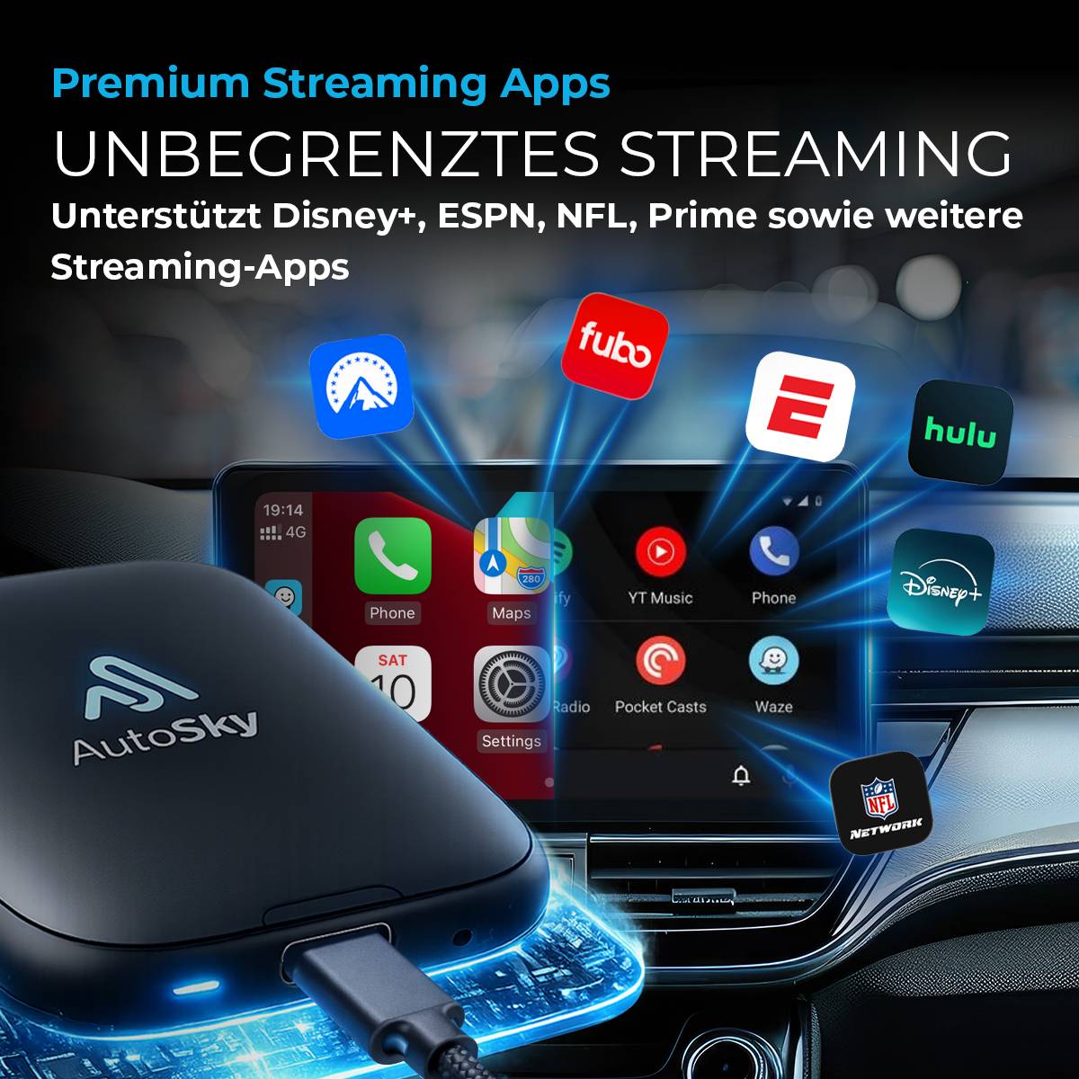 AutoSky AI Box Flex – Kabelloses CarPlay & Android Auto, Disney+, Prime Video