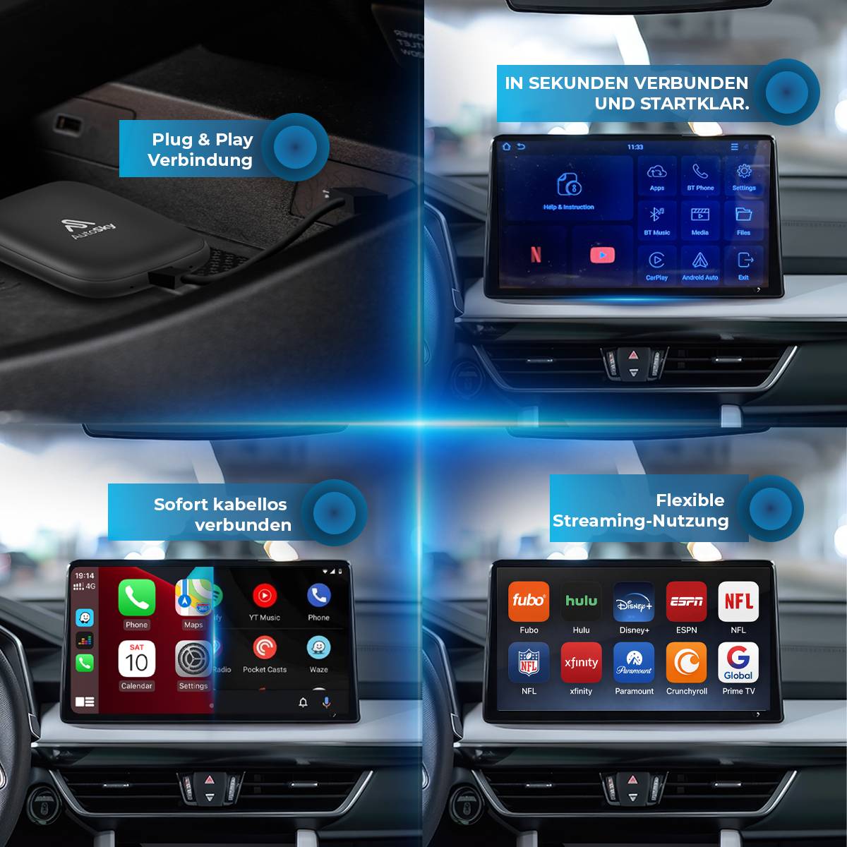 AutoSky AI Box Flex – Kabelloses CarPlay & Android Auto, Disney+, Prime Video