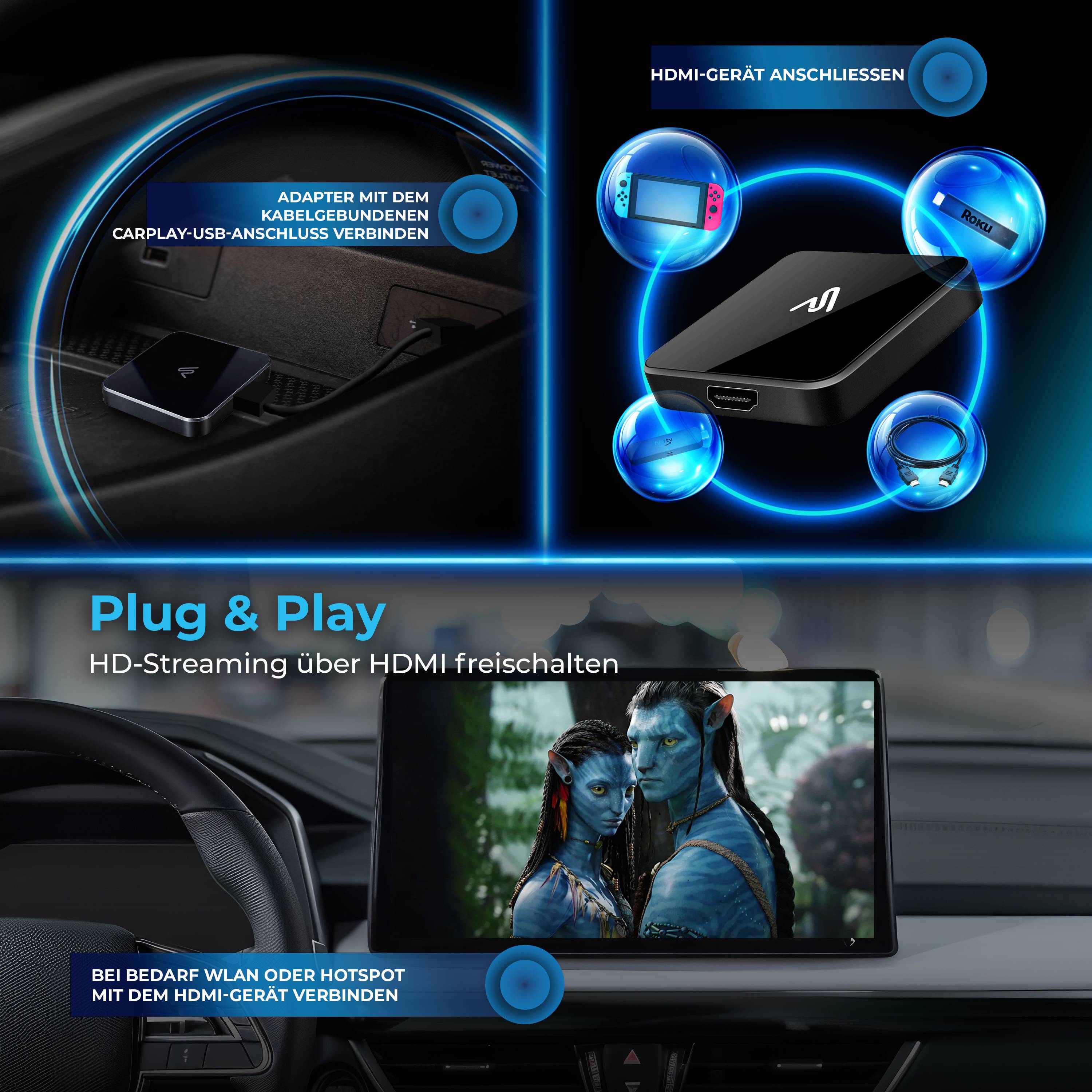 AutoSky CarPlay TV Adapter Wireless CarPlay Android Auto HDMI