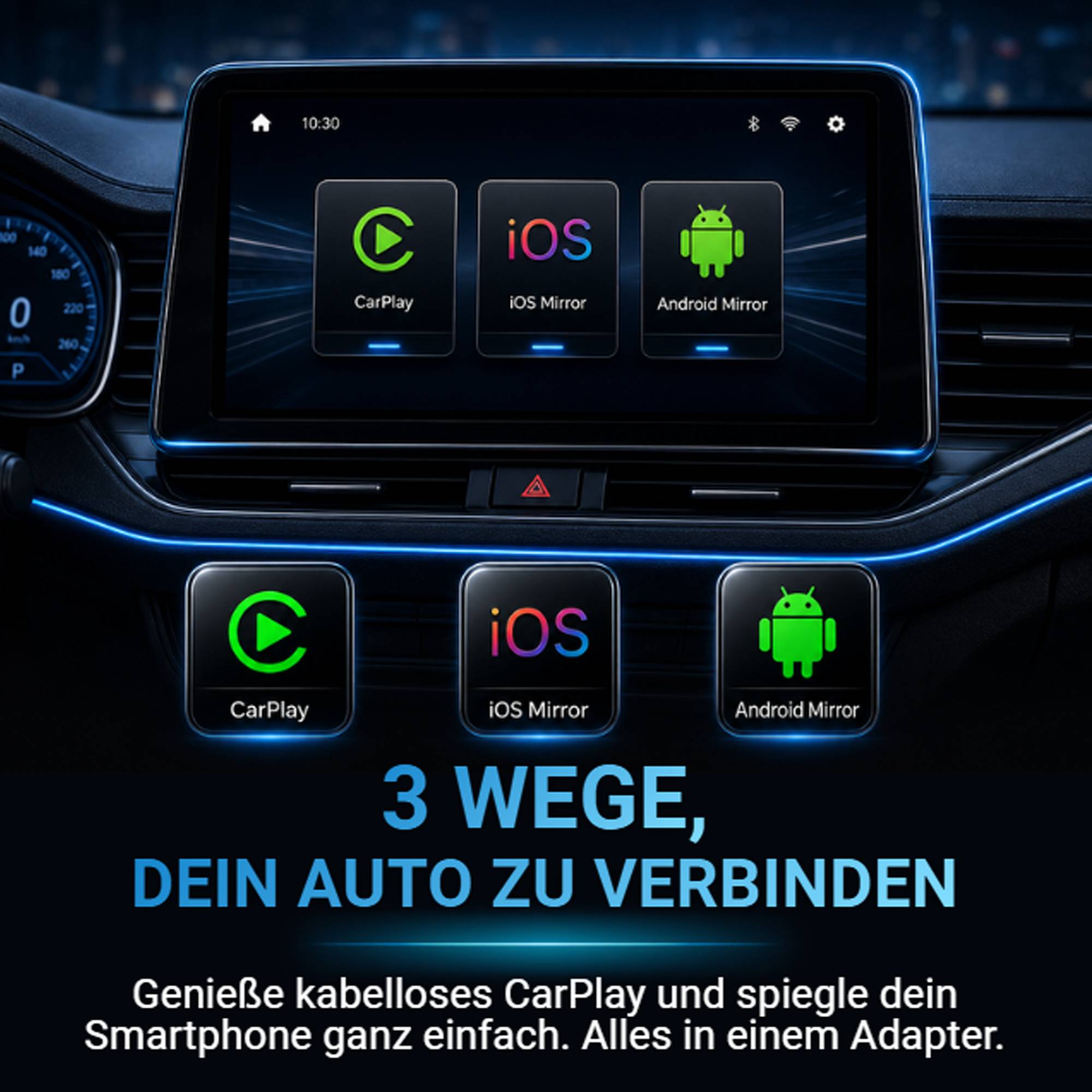 AutoSky Mirror Sync – Wireless CarPlay Adapter mit Bildschirmspiegelung (Screen Mirroring) – Plug & Play