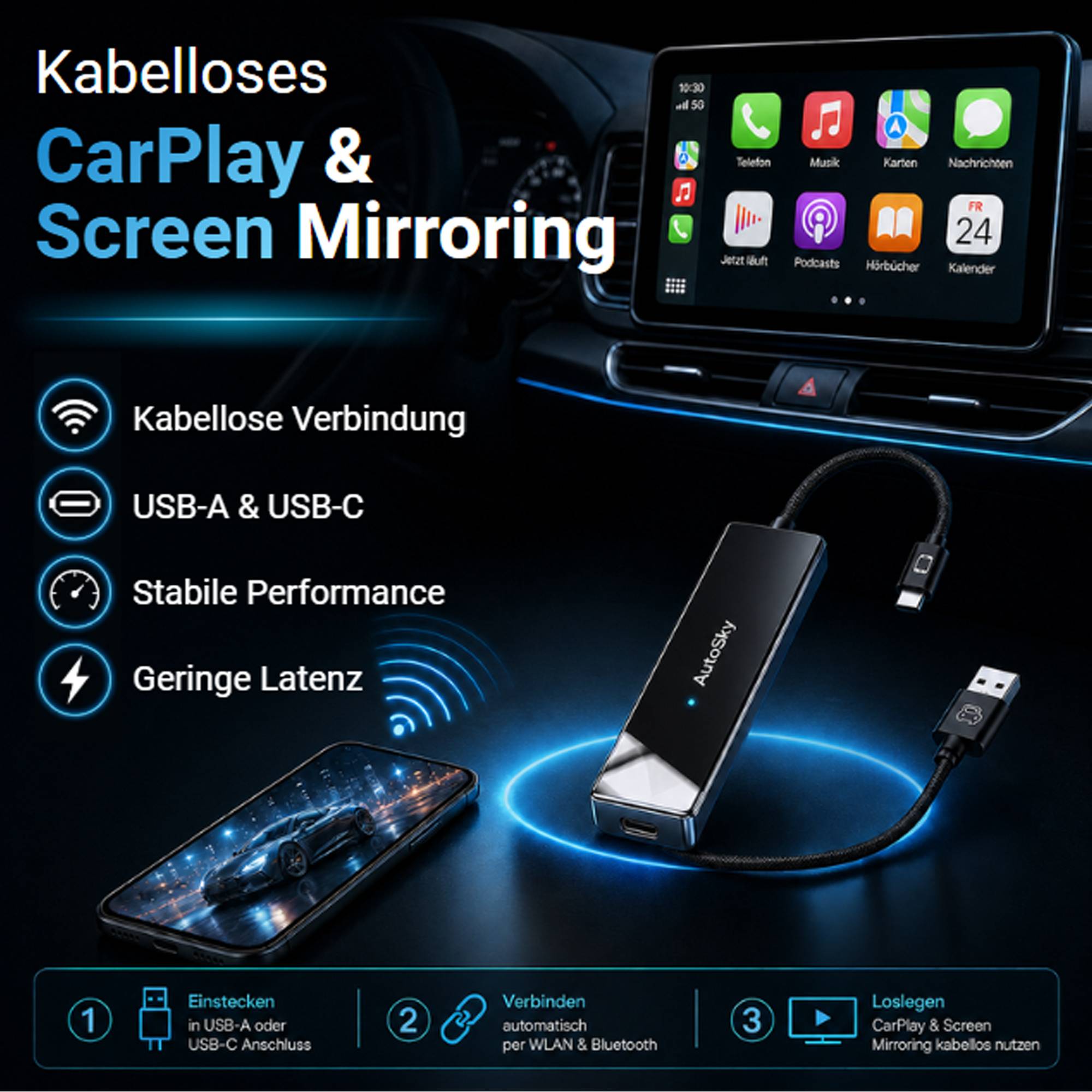 AutoSky Mirror Sync – Wireless CarPlay Adapter mit Bildschirmspiegelung (Screen Mirroring) – Plug & Play