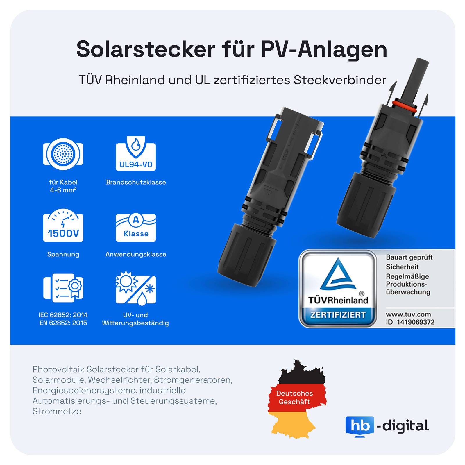 hb-digital Solarstecker und Buchse Solar Steckverbinder IP68 1500V für Solarkabel 2,5/4/6mm² 30 Paare