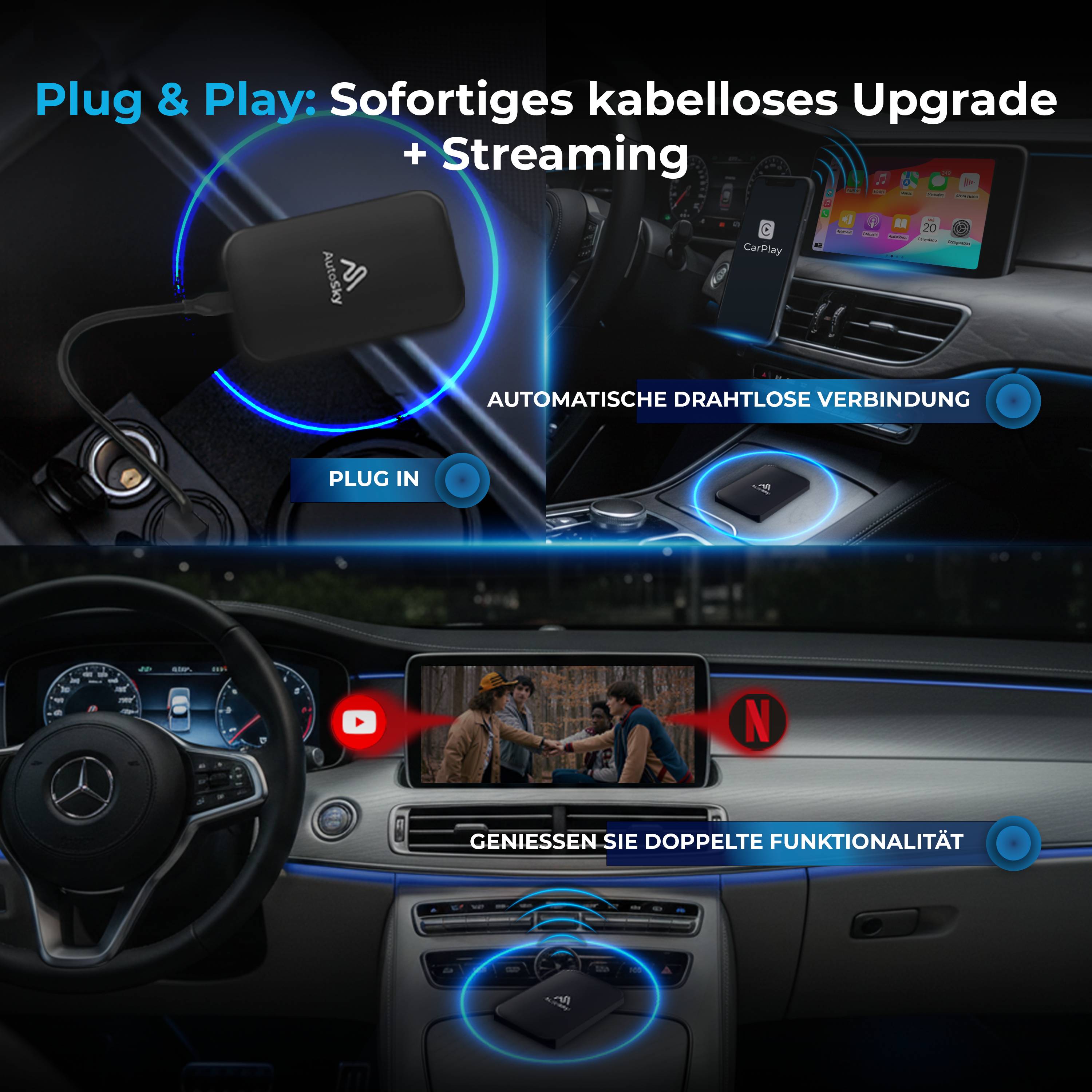 AutoSky AI Box Lite Plus 2.0 – Wireless CarPlay & Android, Netflix & YouTube, Plug & Play, Dual-Wifi