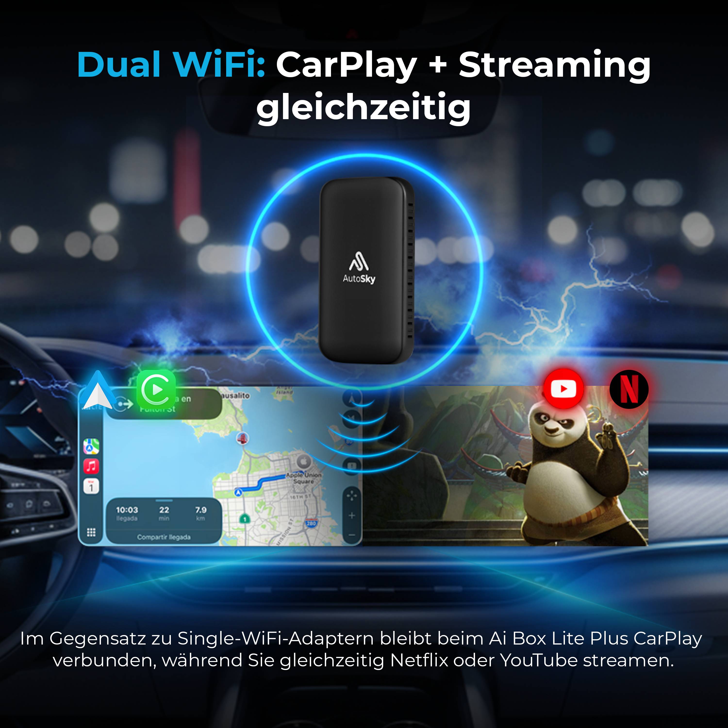 AutoSky AI Box Lite Plus 2.0 – Wireless CarPlay & Android, Netflix & YouTube, Plug & Play, Dual-Wifi