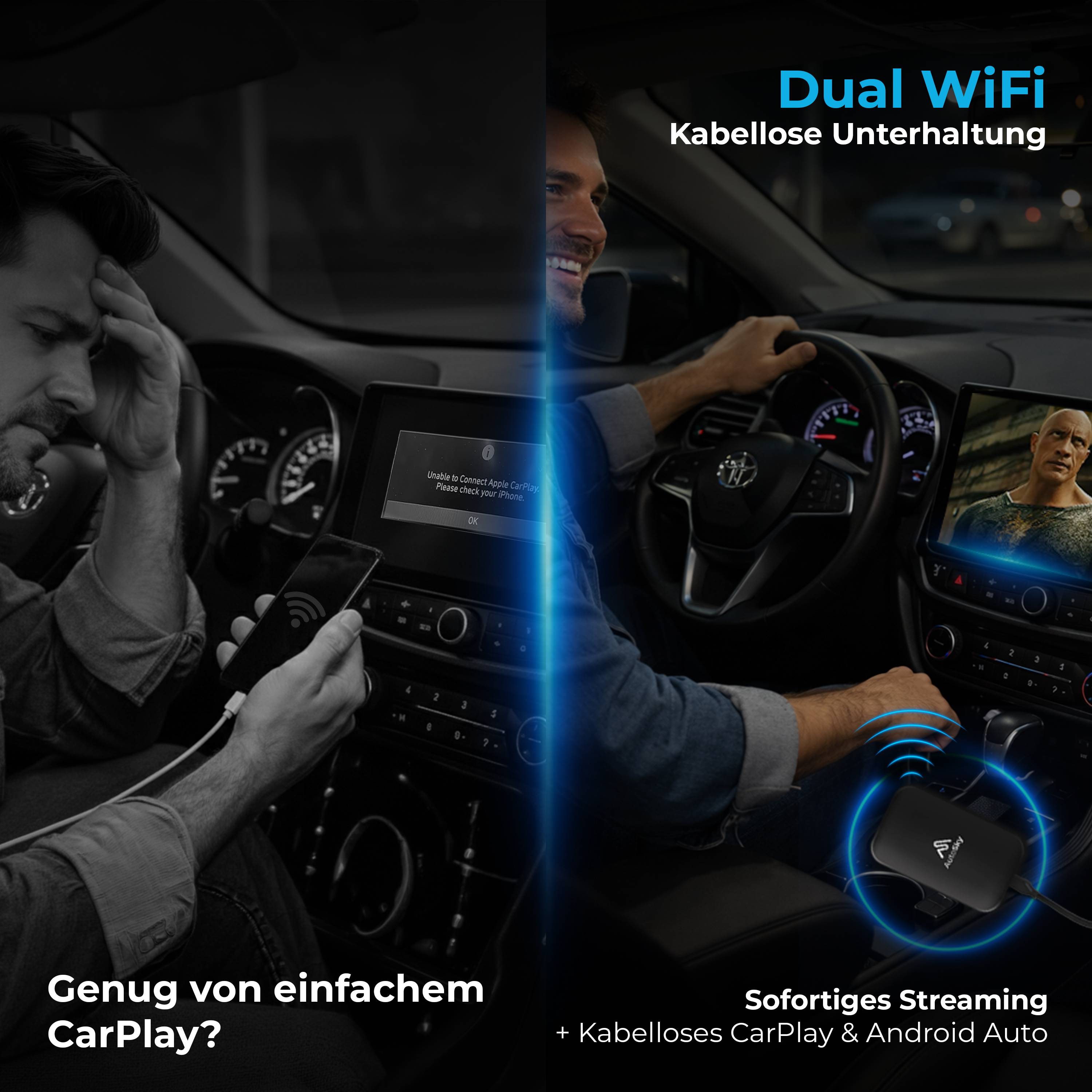 AutoSky AI Box Lite Plus 2.0 – Wireless CarPlay & Android, Netflix & YouTube, Plug & Play, Dual-Wifi