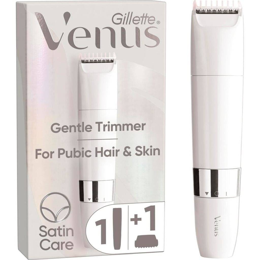 Gillette Venus Sanfte Trimmer für Schamhaar und Haut, gezeigt mit Produktbox und Trimmer, gekennzeichnet mit Satin Care 1 plus 1.