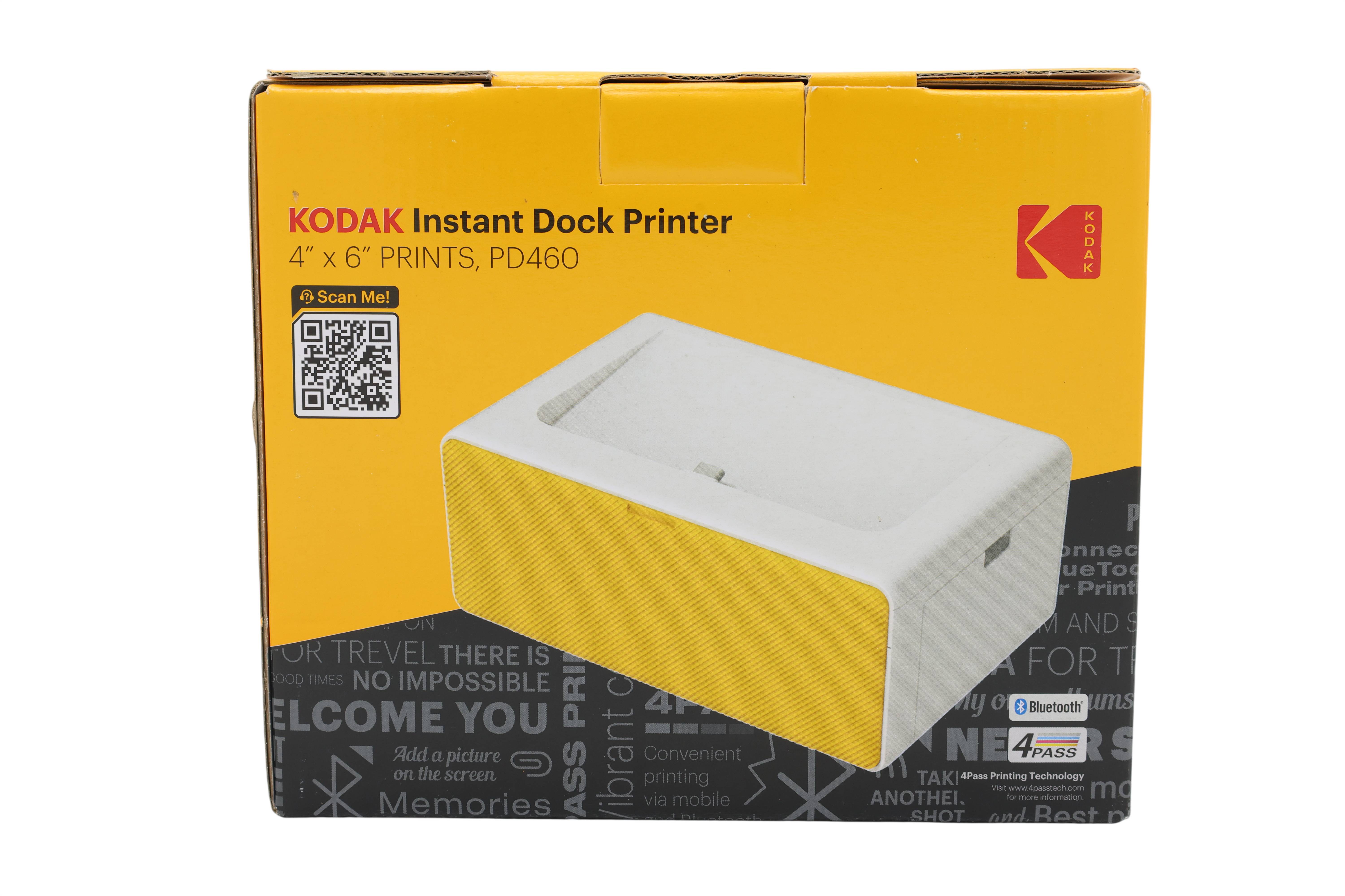 Karton für Kodak Instant Dock Printer für 4 x 6 Fotos, PD460, zeigt einen weißen und gelben Drucker auf der Verpackung.