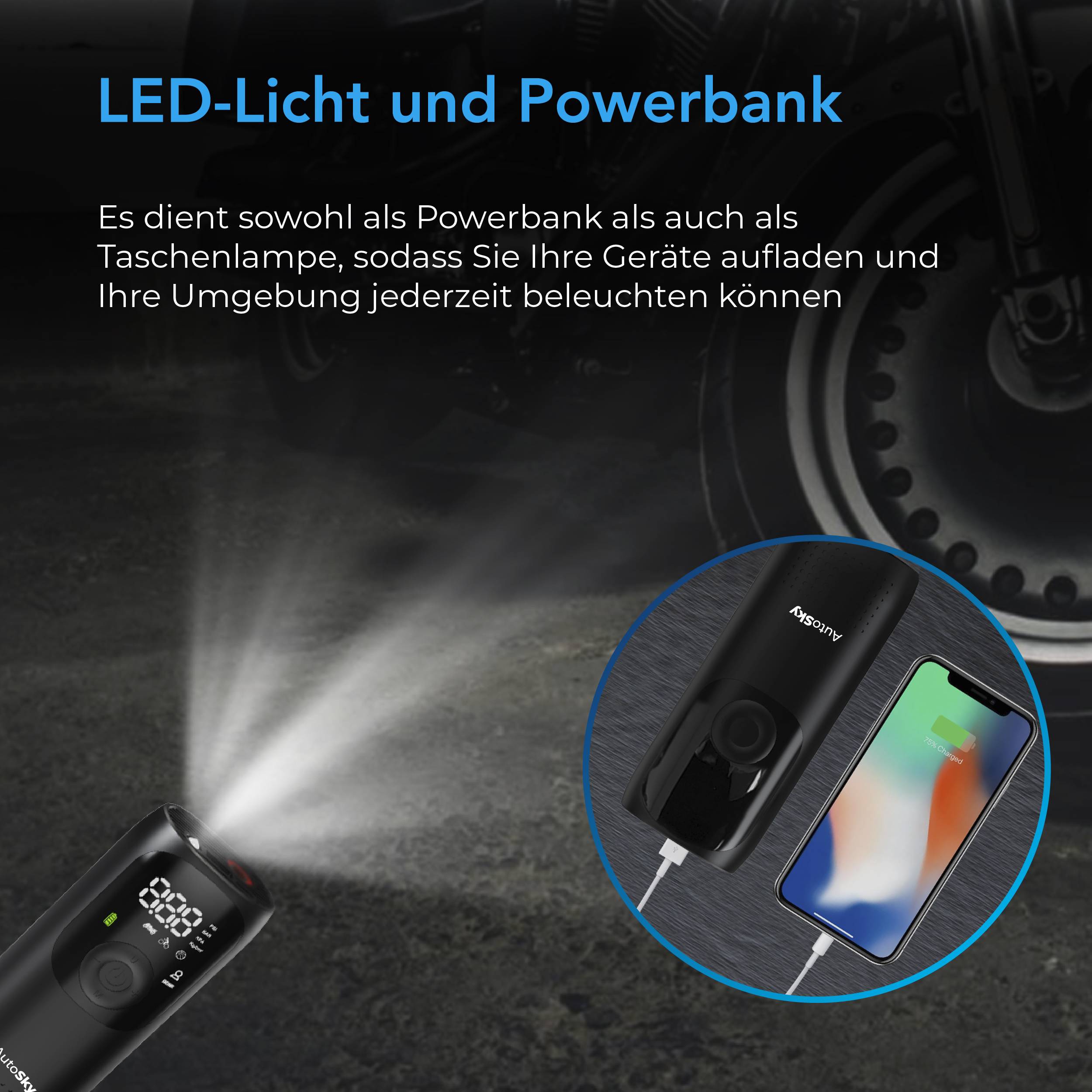 AutoSky Elektrischer Reifenkompressor 150 PSI, Powerbank, LED Taschenlampe, LCD-Display
