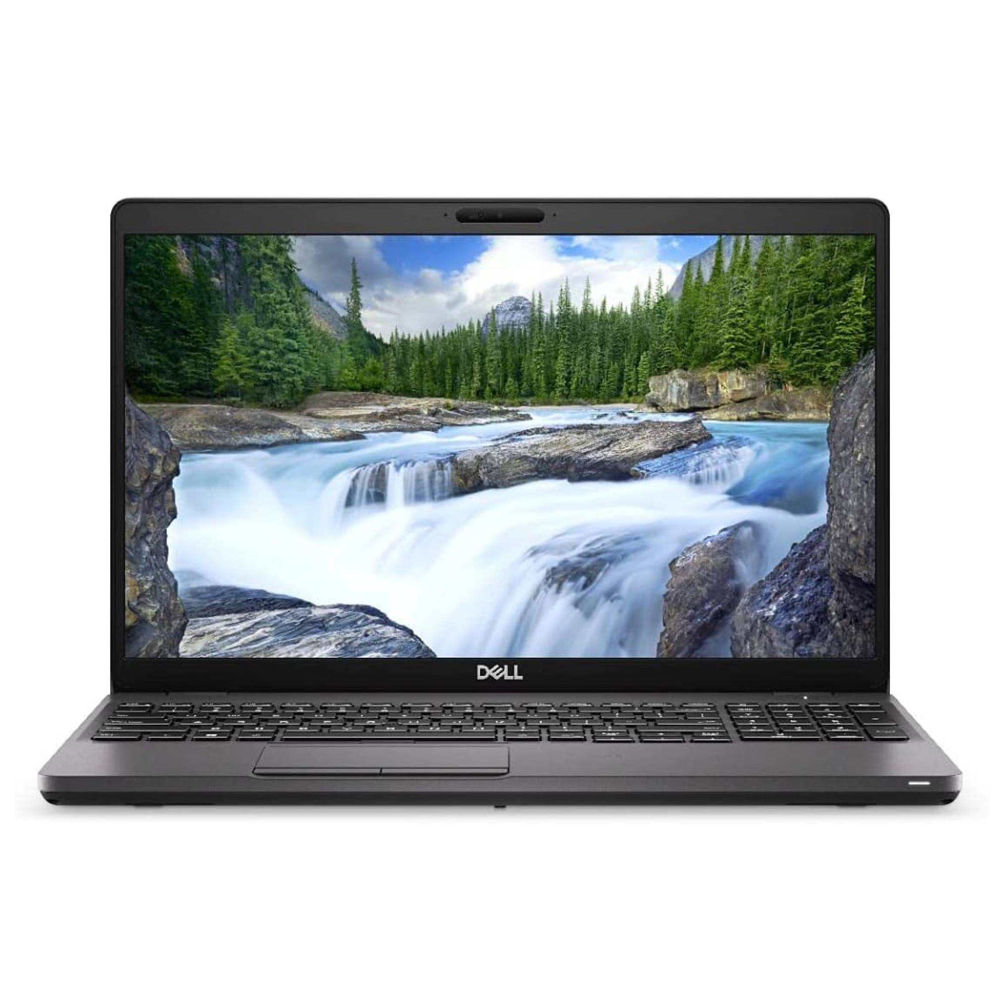 Ein Dell-Laptop, auf dessen Bildschirm eine malerische Flusslandschaft mit Wasserfall angezeigt wird.