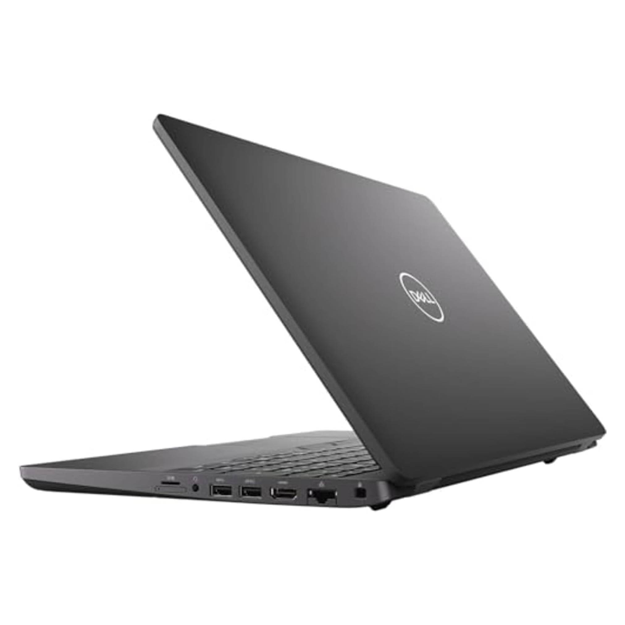Dell-Laptop offen dargestellt, teilweise geschlossen, im Winkel positioniert, um die Tastatur und die Anschlüsse an der Seite zu zeigen.