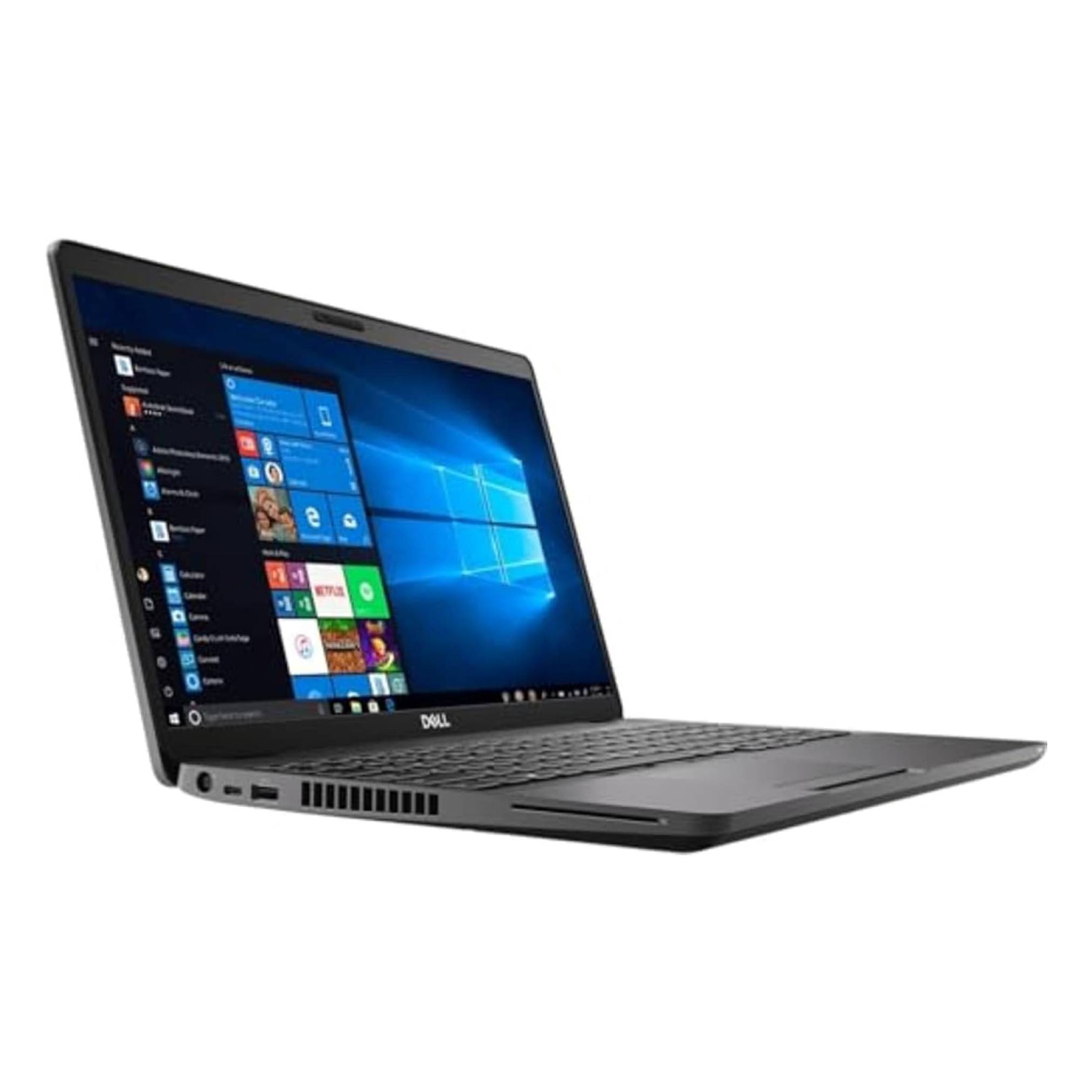 Schwarzer Dell-Laptop im Winkel geöffnet, zeigt das Windows 10-Startmenü und den Desktop auf dem Bildschirm.