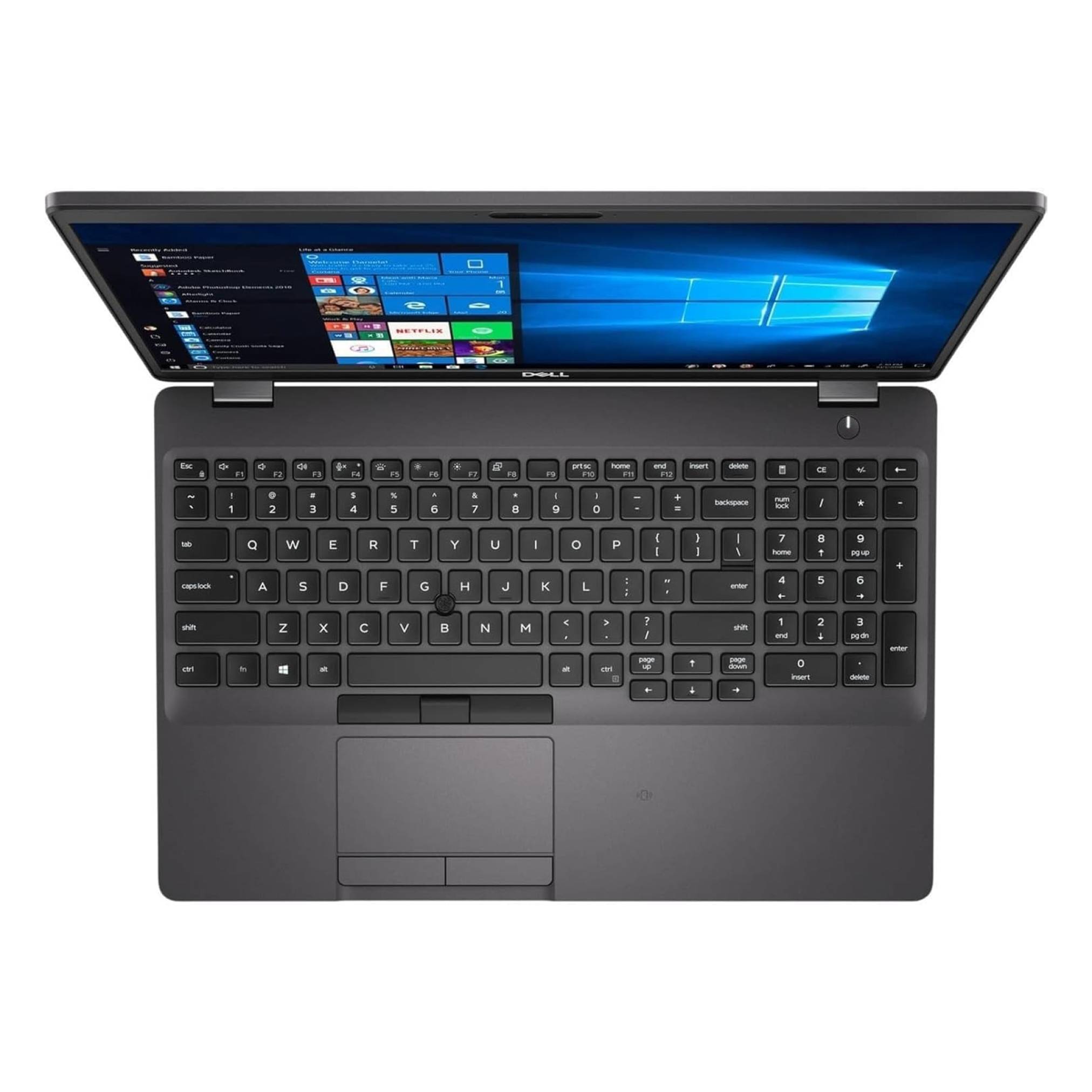 Draufsicht auf einen geöffneten Dell-Laptop mit Windows 10 auf dem Bildschirm, einer vollständigen Tastatur und einem Touchpad.