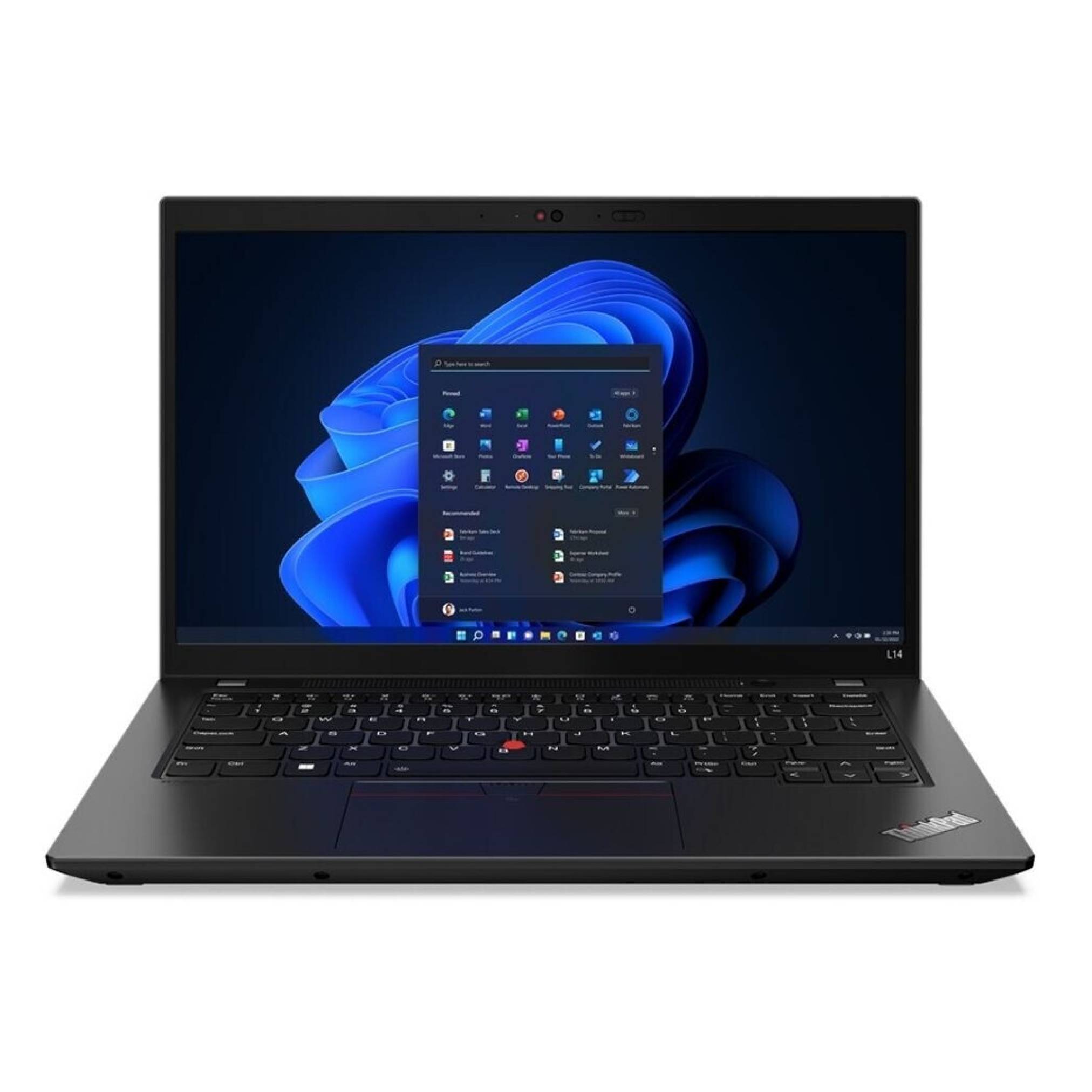 Ein schwarzes Lenovo ThinkPad Laptop offen auf weißem Hintergrund, das Windows 11 Desktop und Startmenü auf dem Bildschirm zeigt.